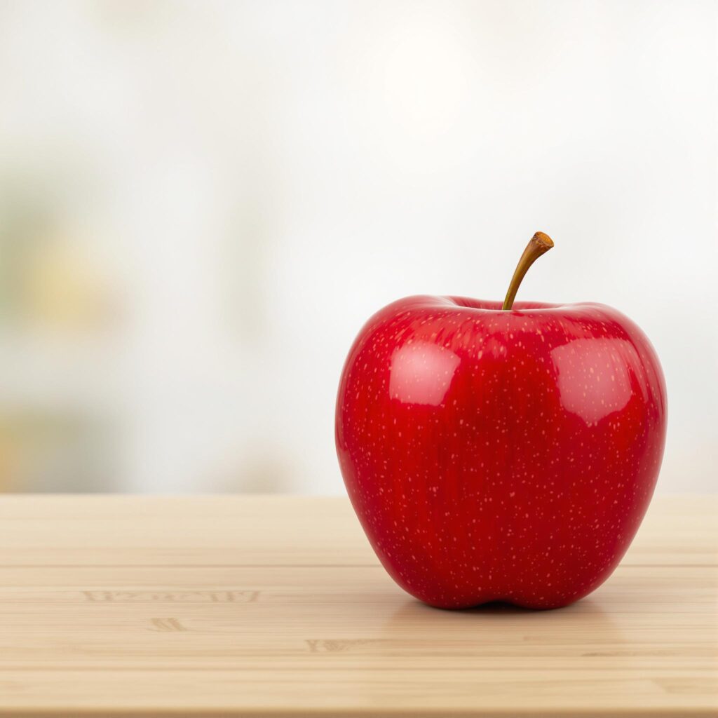 A red apple on a wooden table generated by Flux 1.1 Pro Ultra