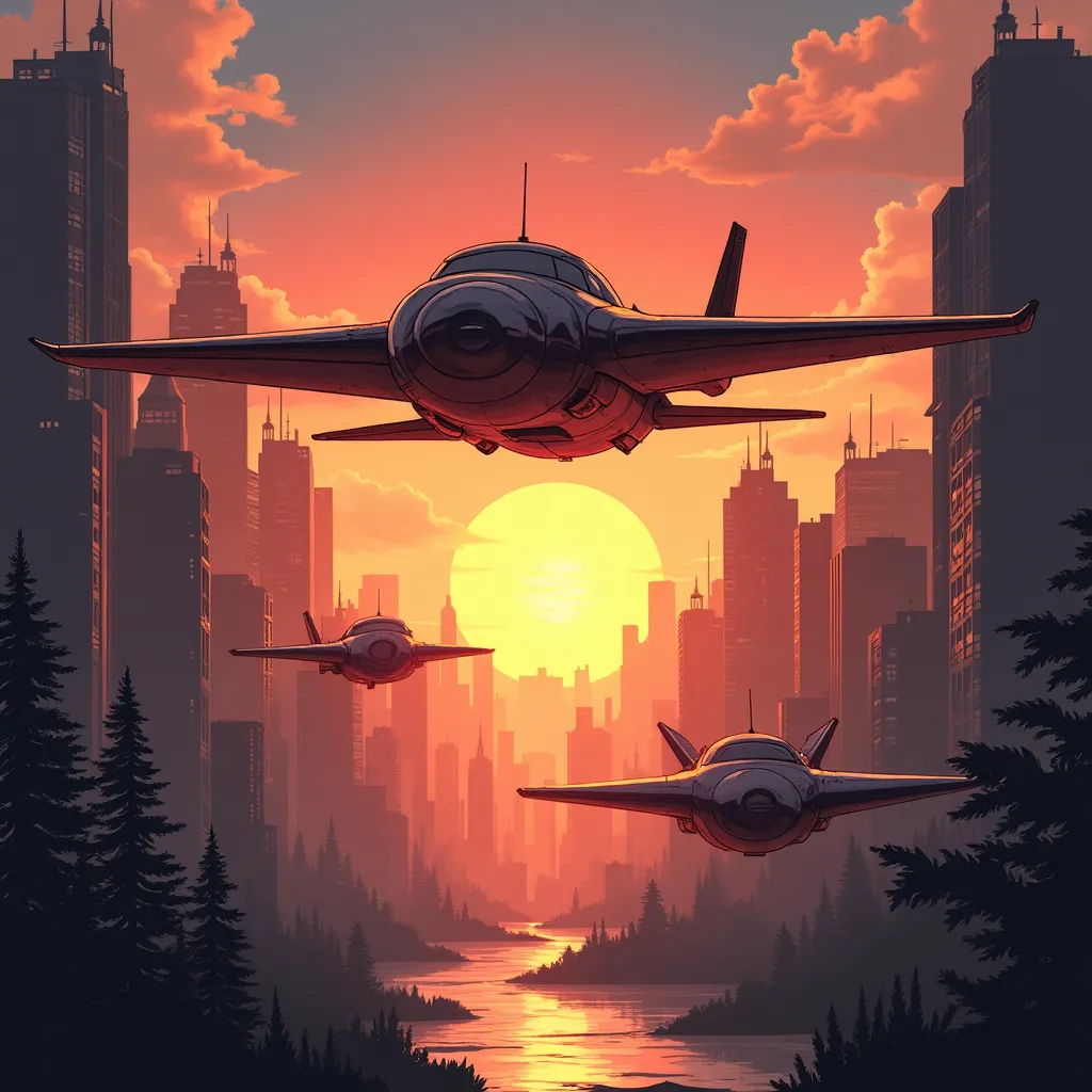 A futuristic cityscape with flying cars at sunset - Flux Dev example
