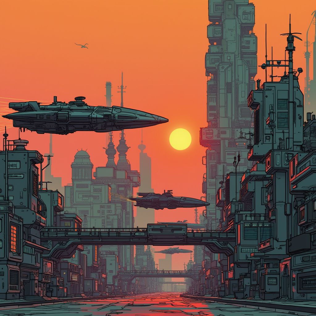 A futuristic cityscape with flying cars at sunset, in the style of a cyberpunk comic book generated by Flux Pro