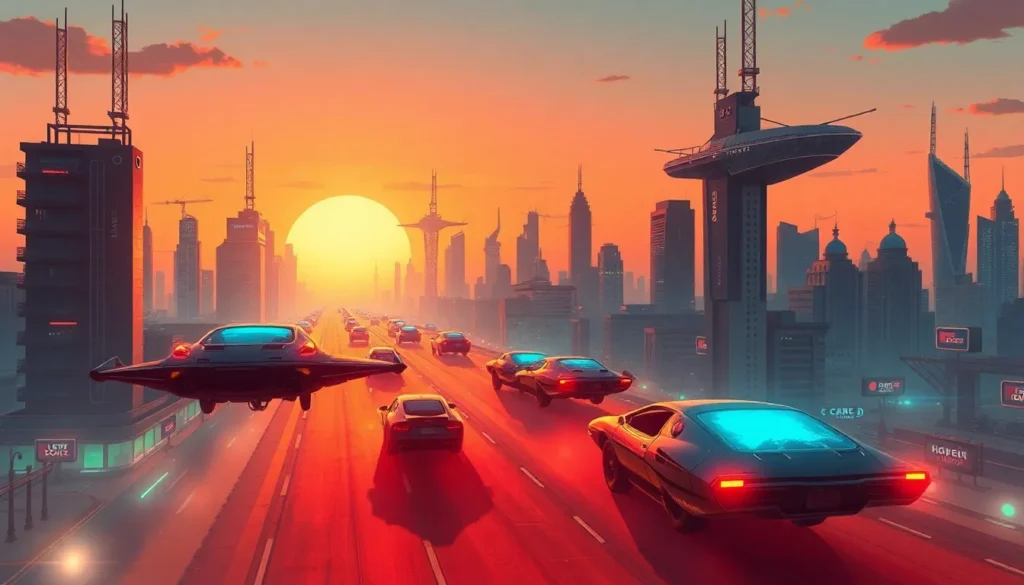 A futuristic cityscape with flying cars at sunset, in the style of a cyberpunk comic book - Flux Schnell AI example