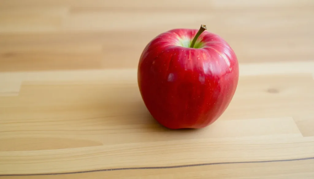 A red apple on a wooden table - Flux Schnell AI example