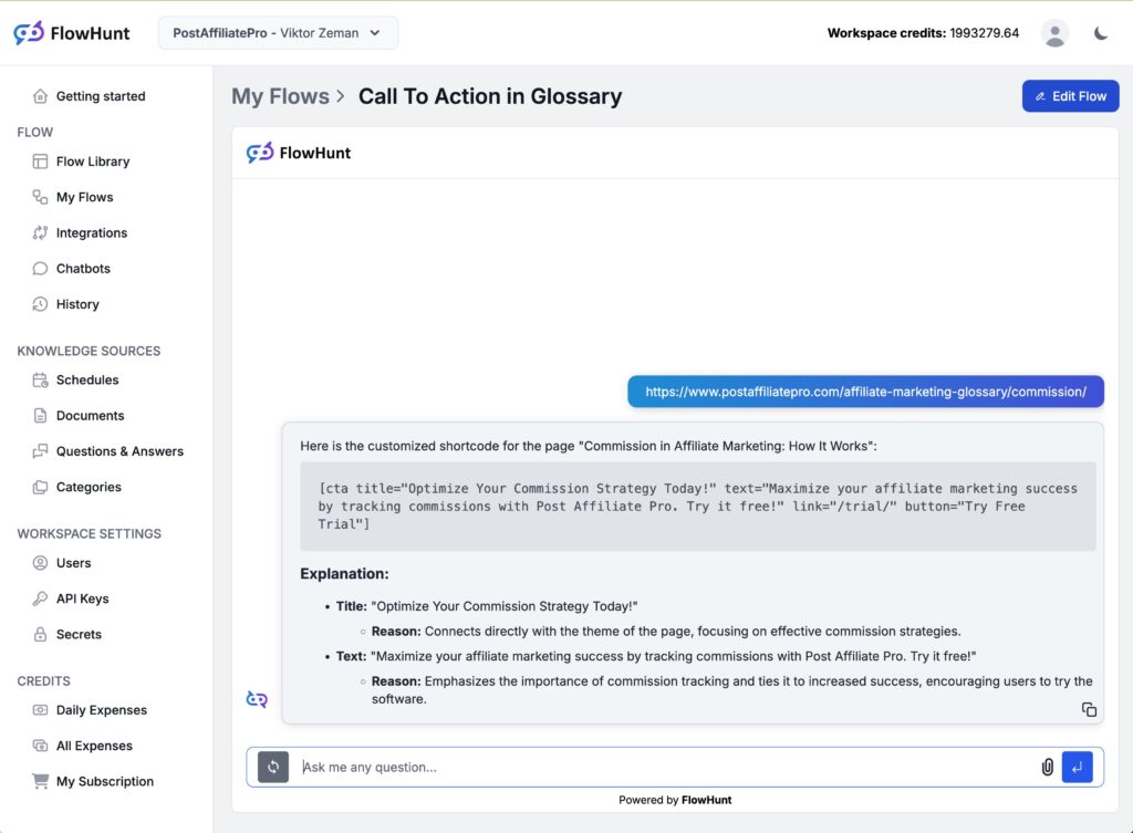 Output from the AI flow with generated call to action shortcode