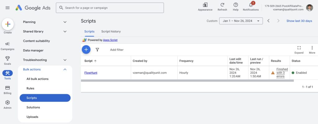 Add script to your Google Ads in menu Tools -> Bulk Actions -> Scripts