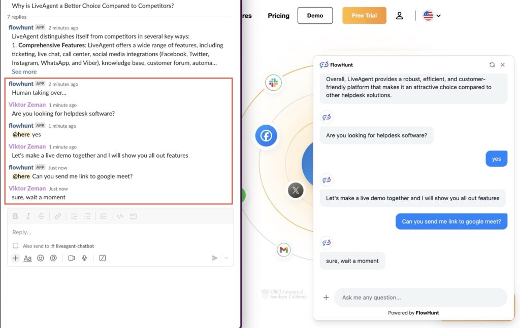 The image above illustrates the Human in the Loop process in AI chatbots. Human monitoring chatbot communication with online visitor took the communication from the chatbot