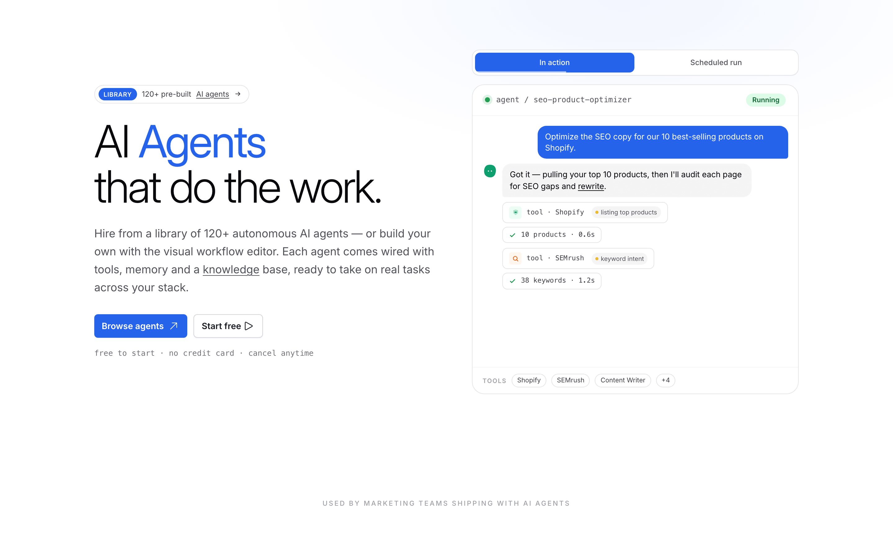 FlowHunt AI Agents page showing an autonomous agent running a task across tools