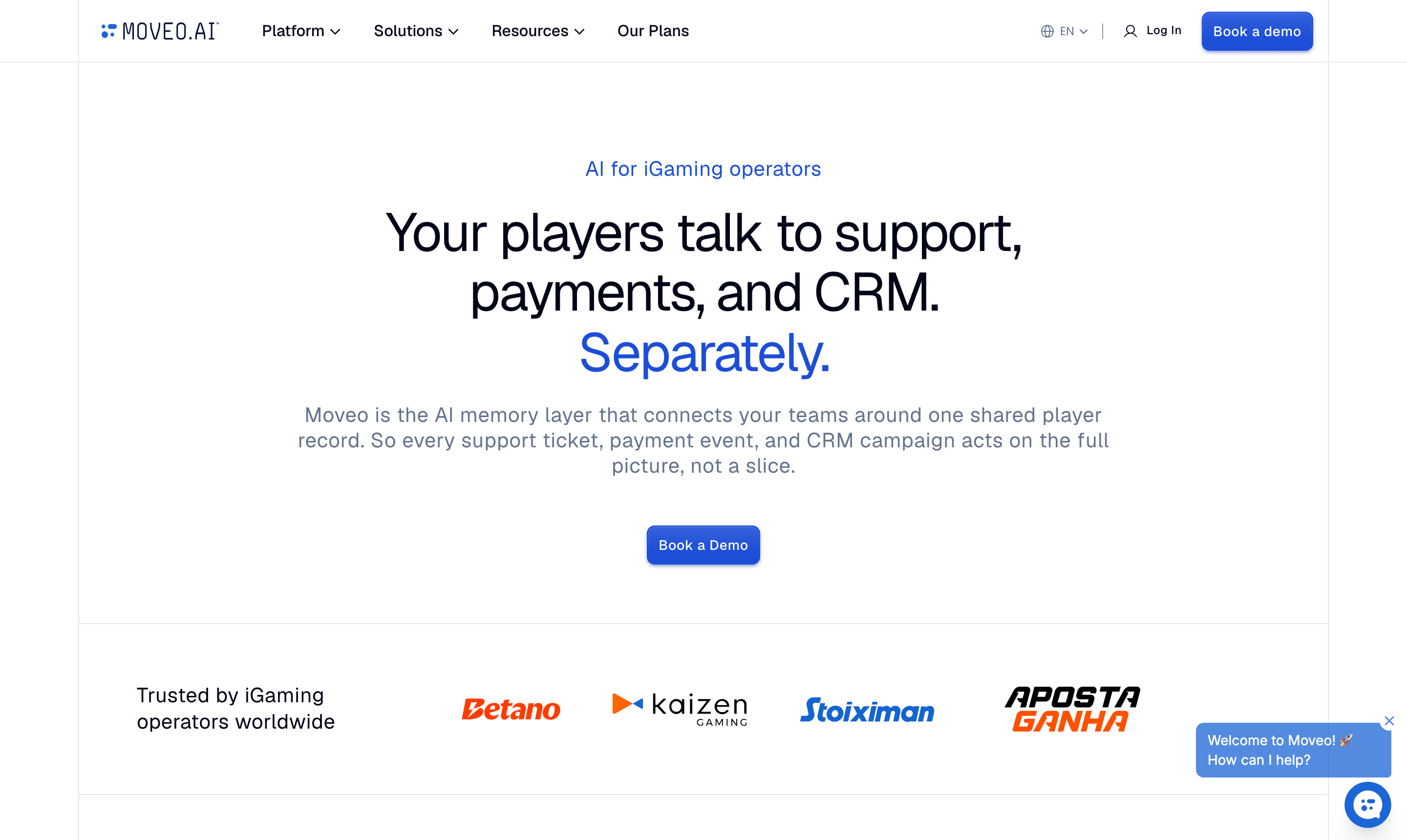 Moveo.AI AI-for-iGaming-operators homepage showing operator logos