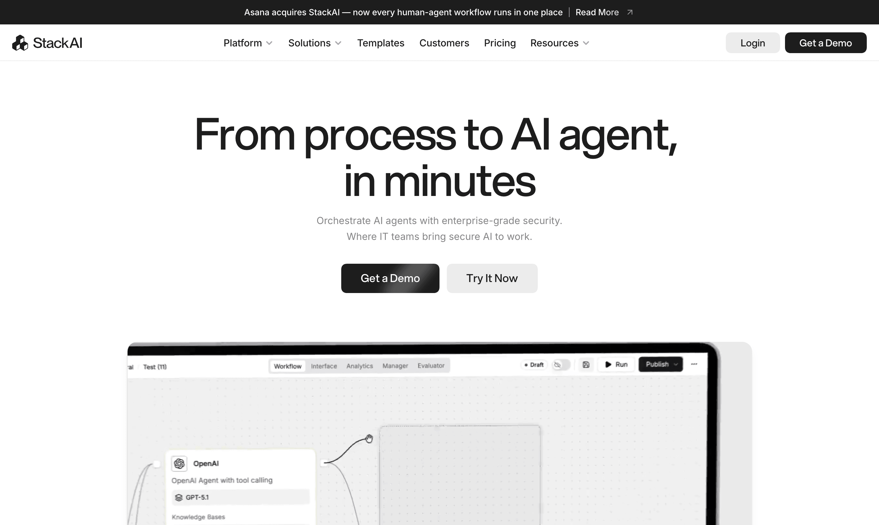 Stack AI enterprise no-code AI agent builder homepage