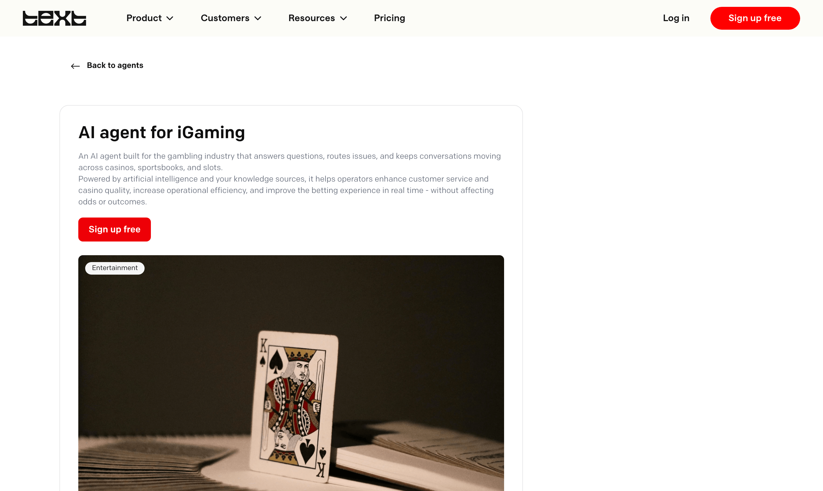 Text.com AI agent for iGaming product page
