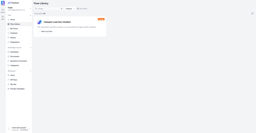 Flow Library - Hubspot Lead Gen Chatbot selection