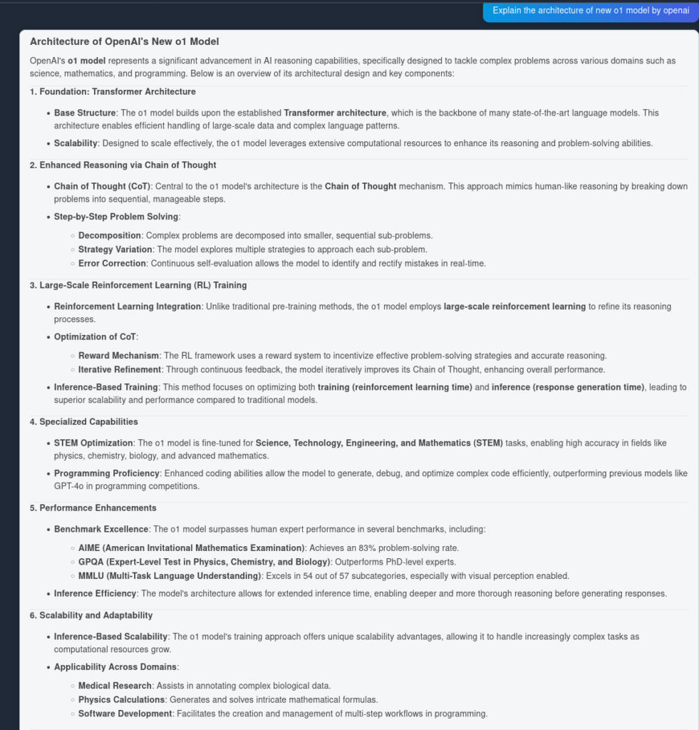 Response of OpenAI O1 model for the query