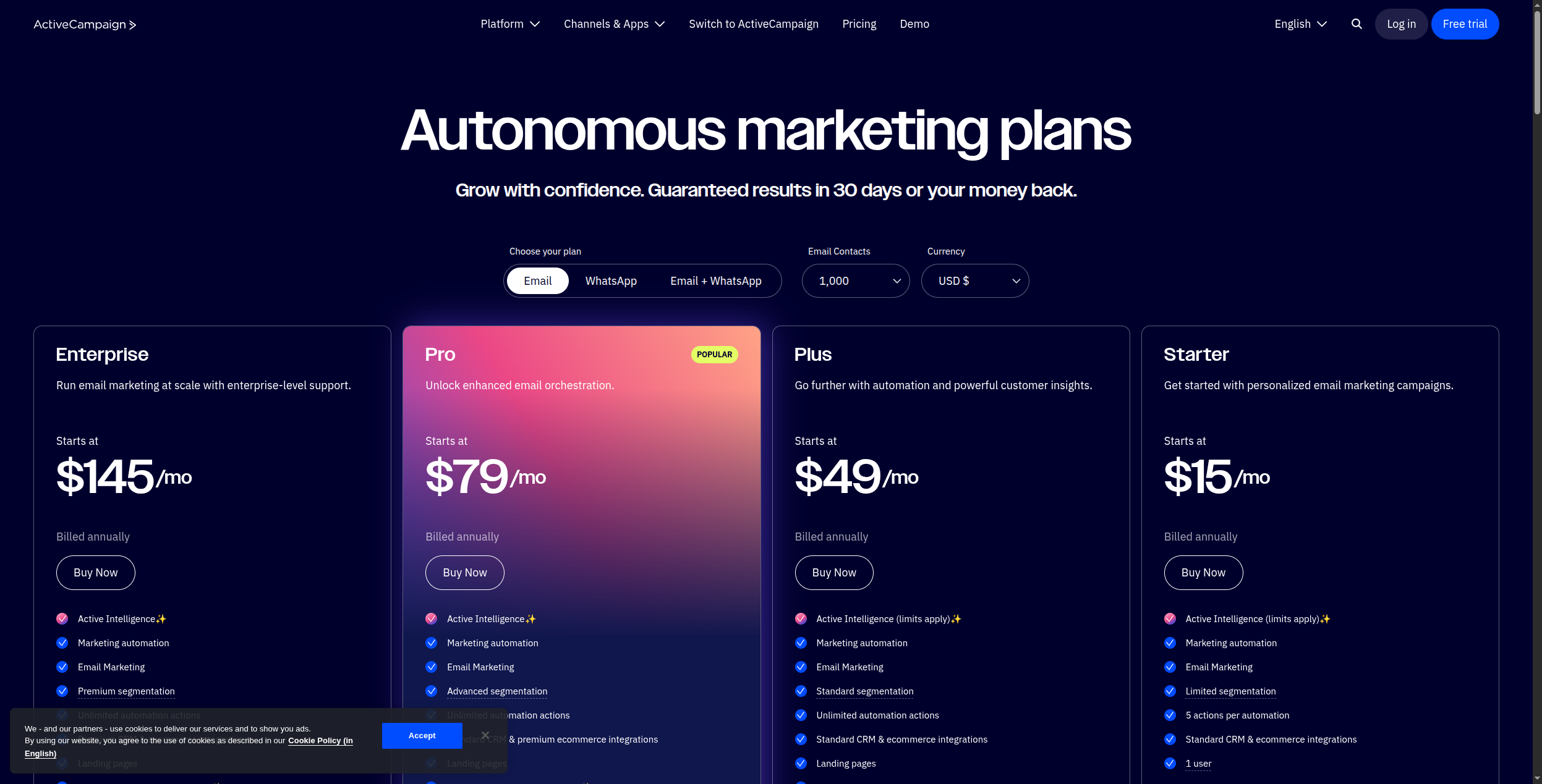 ActiveCampaign dashboard pricing and features