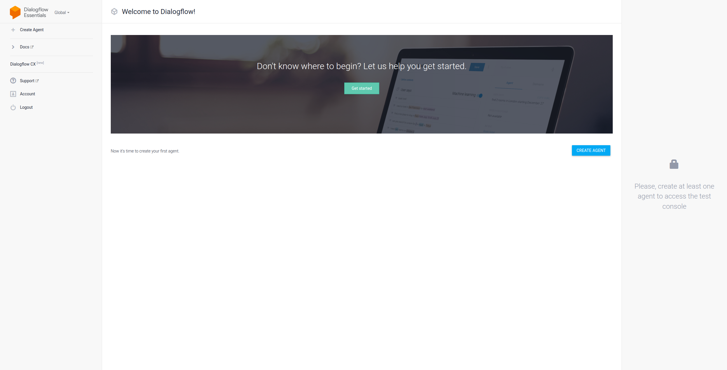 Interfaz del constructor de agentes Dialogflow Essentials