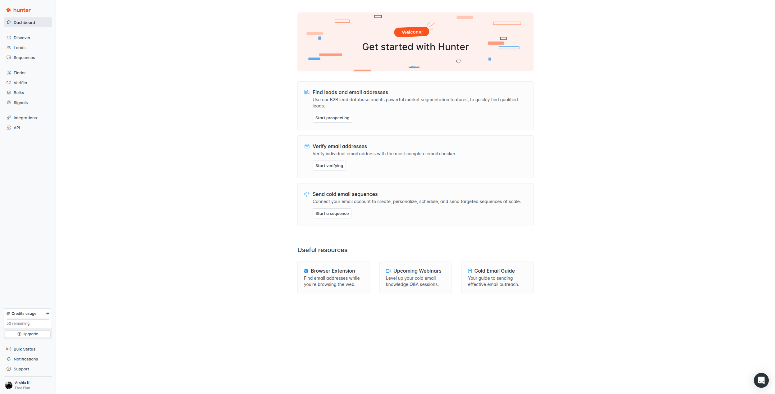 Hunter.io dashboard pricing and features