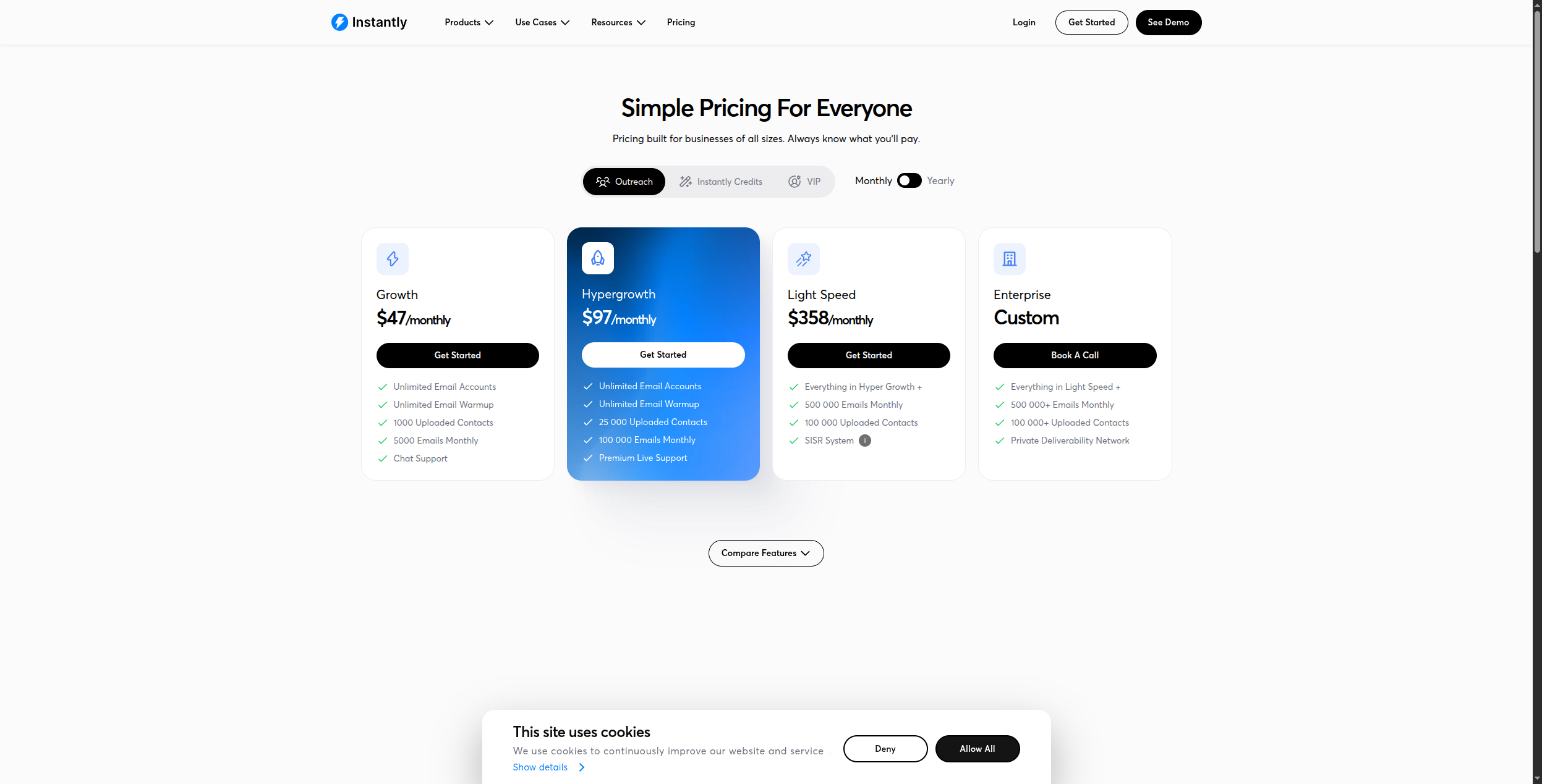 Instantly dashboard pricing and features