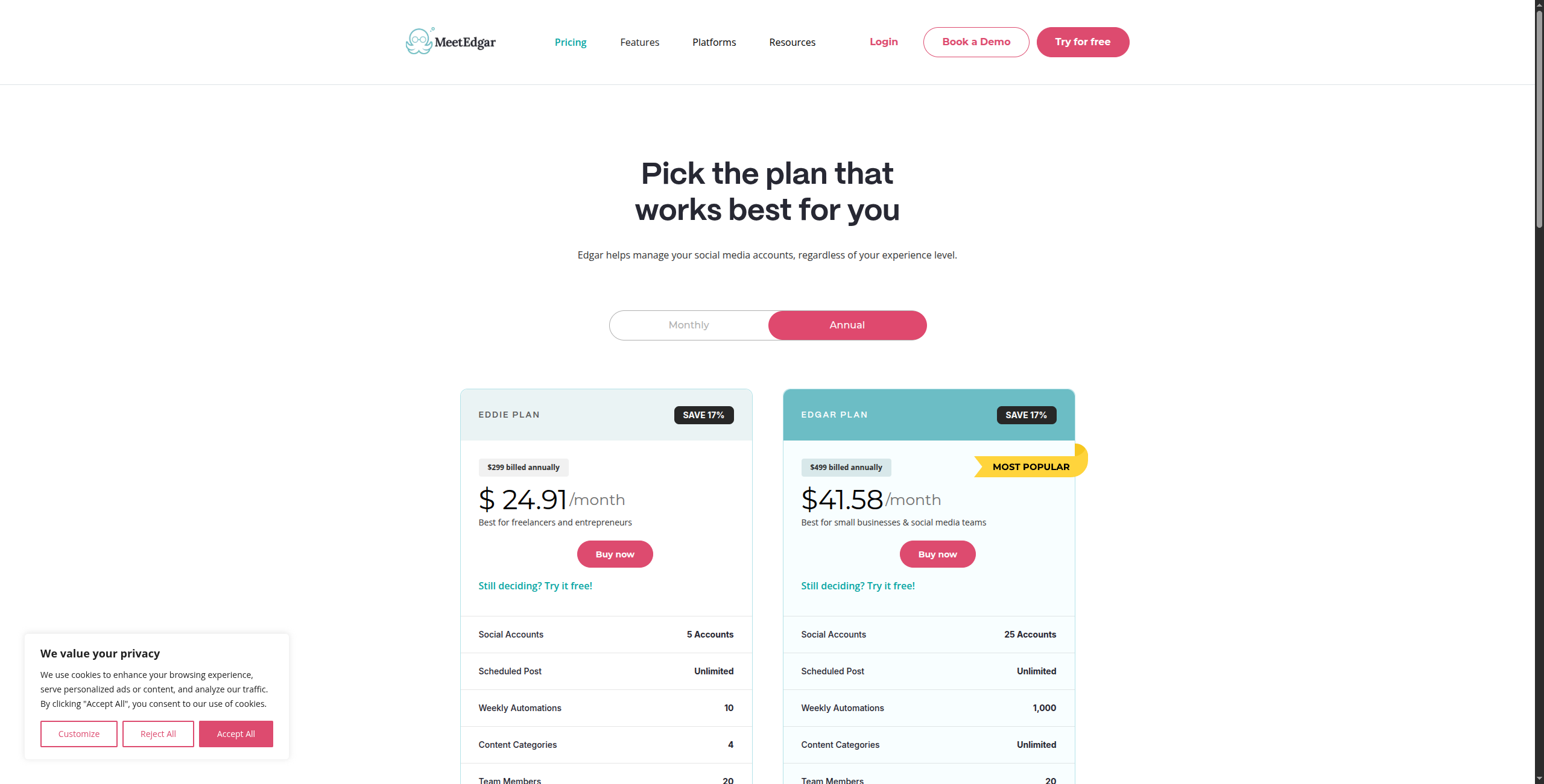 MeetEdgar pricing plans