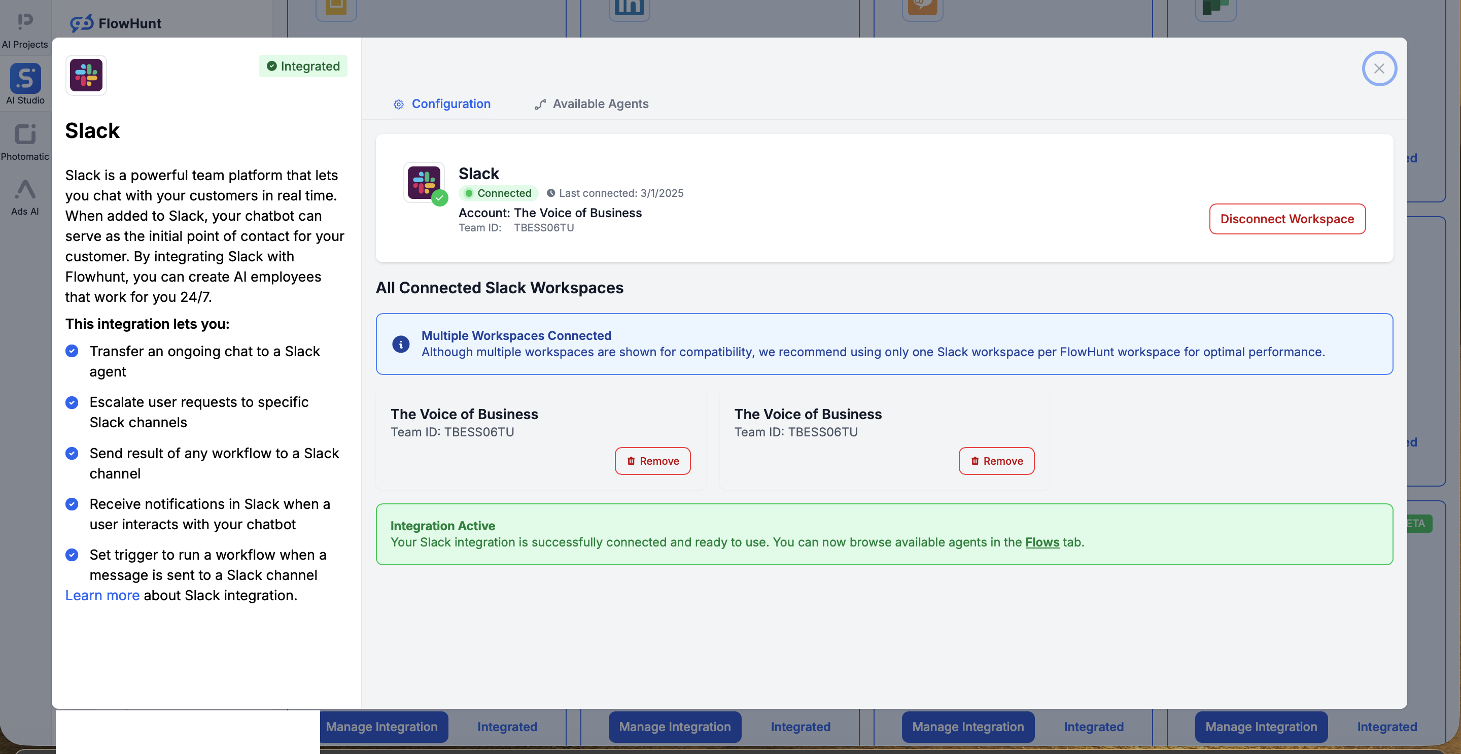 FlowHunt's Slack integration dialog showing the Integrated badge and what the integration enables