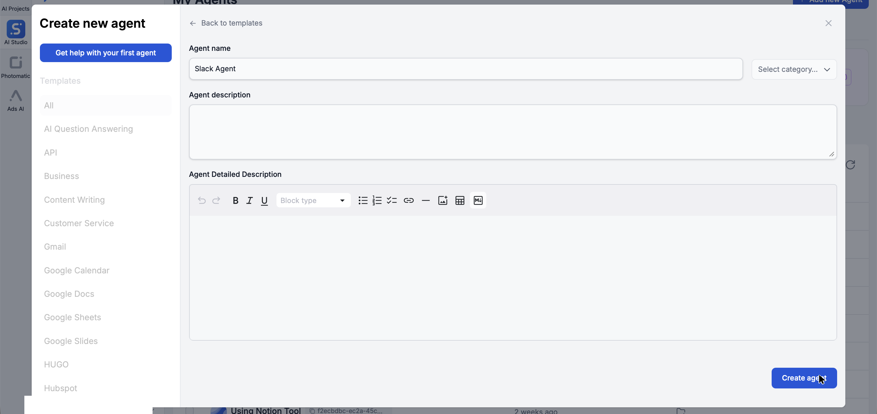 FlowHunt's Create new agent dialog with a name and description for a Slack Agent