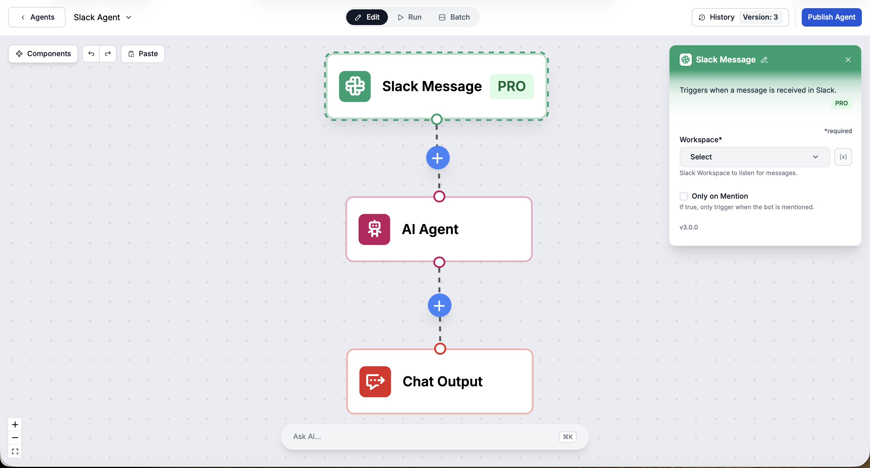 A FlowHunt Slack Agent open in the visual Flow Builder showing the Slack Message trigger, AI Agent, and Chat Output nodes
