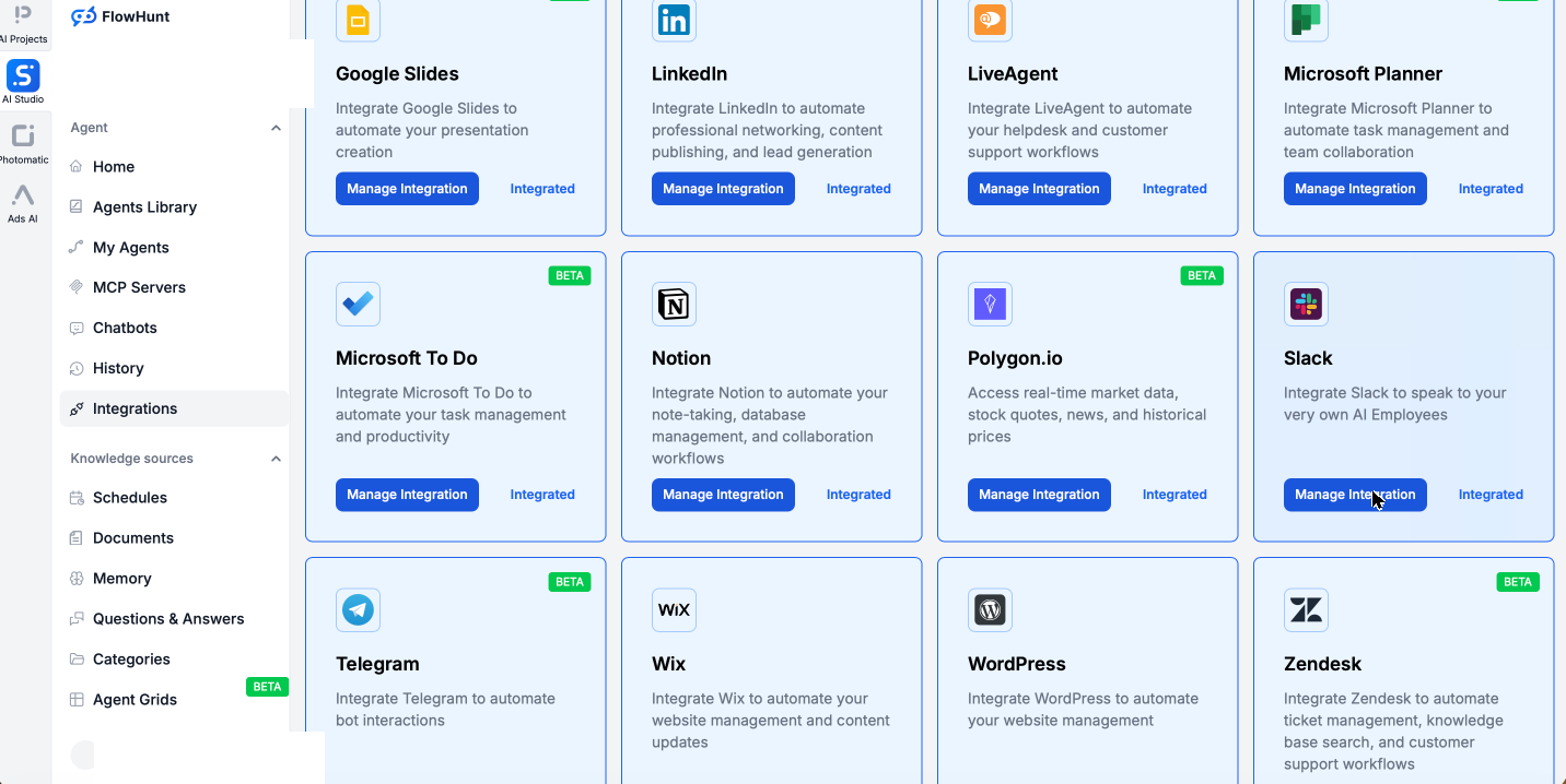 FlowHunt's Integrations page showing the catalog of connectable services including Slack