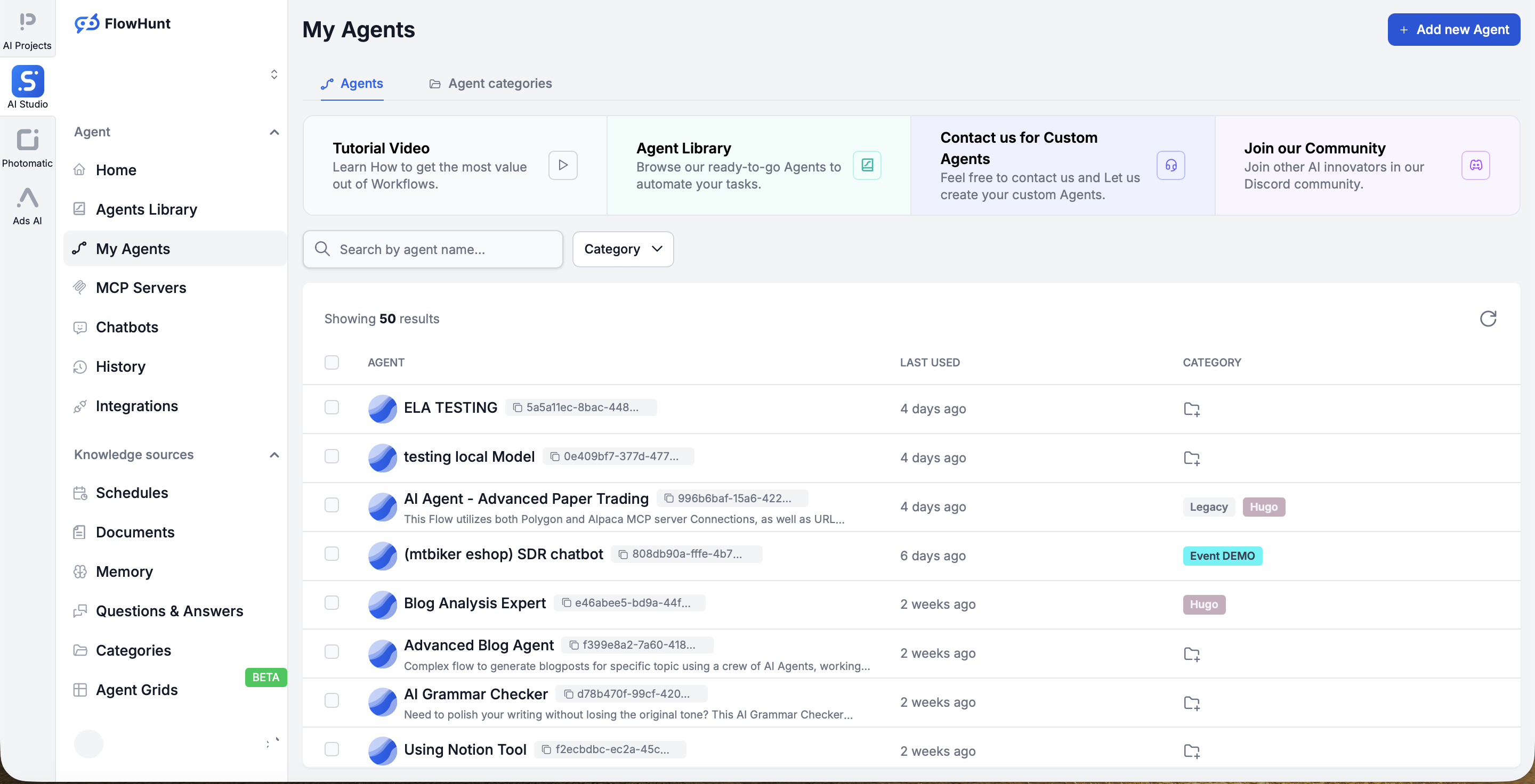 The FlowHunt My Agents dashboard listing ready-made agents to start from