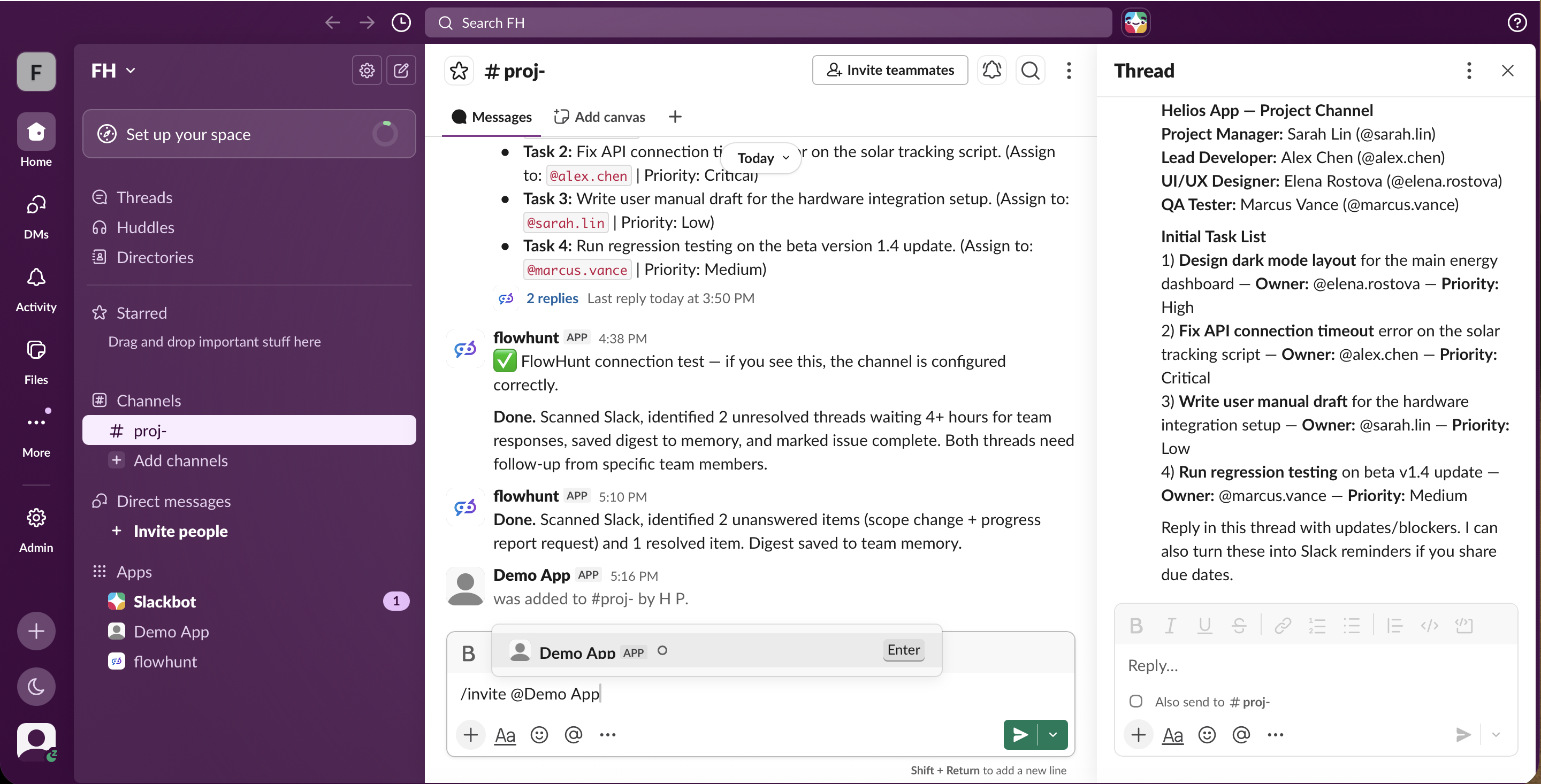 The FlowHunt assistant live in a Slack channel, replying cleanly to a message