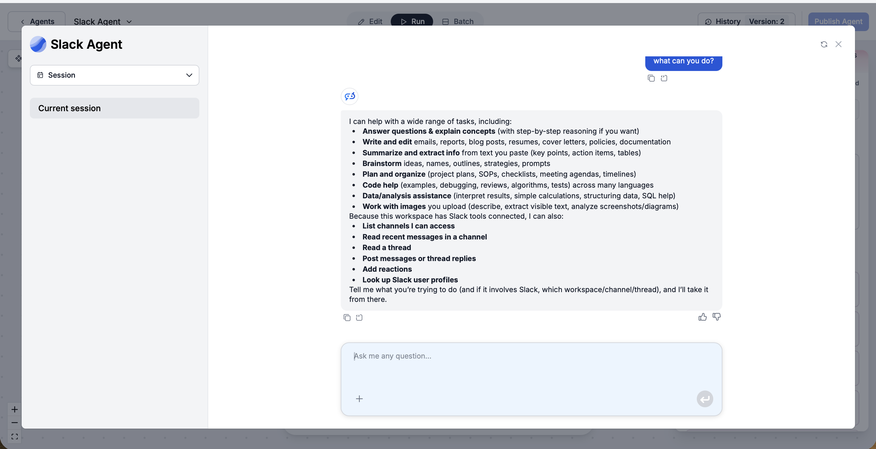 The FlowHunt Slack Agent in the Run tab confirming its connected Slack abilities
