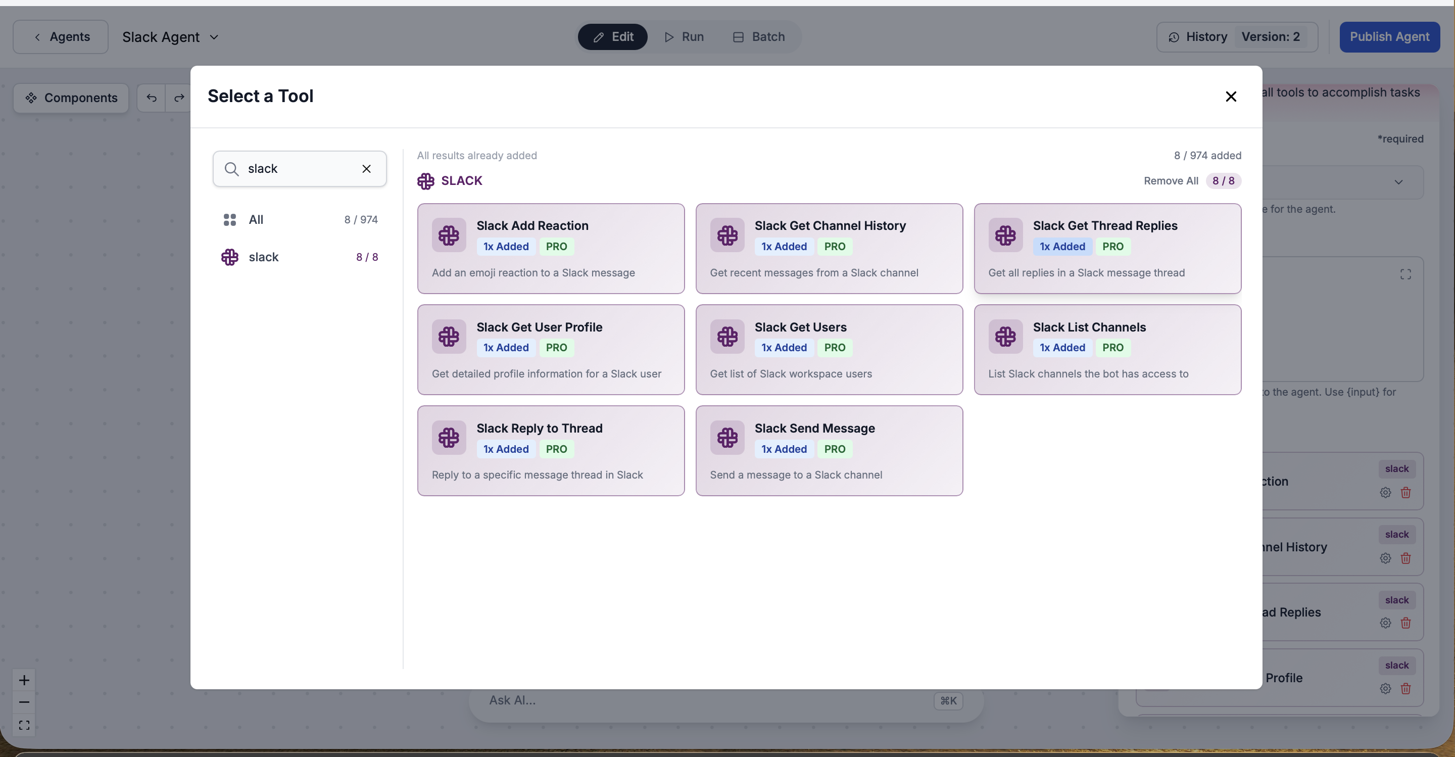FlowHunt tool picker filtered to Slack, showing the eight Slack actions an agent can use