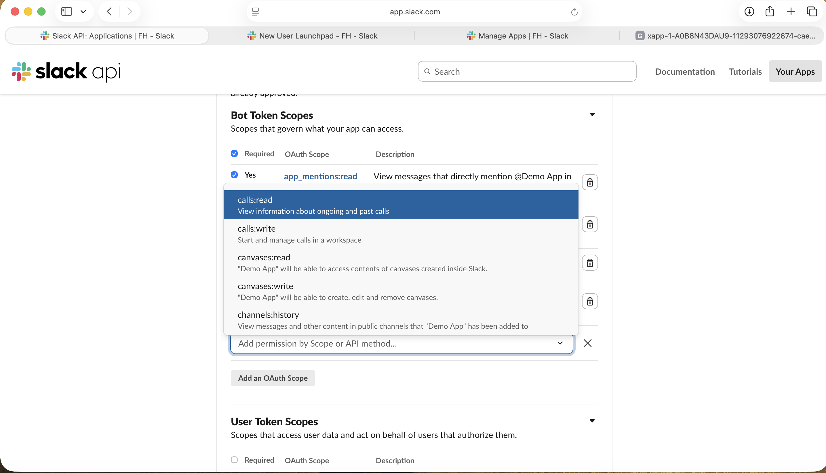 Slack add an OAuth scope dropdown listing available bot scopes