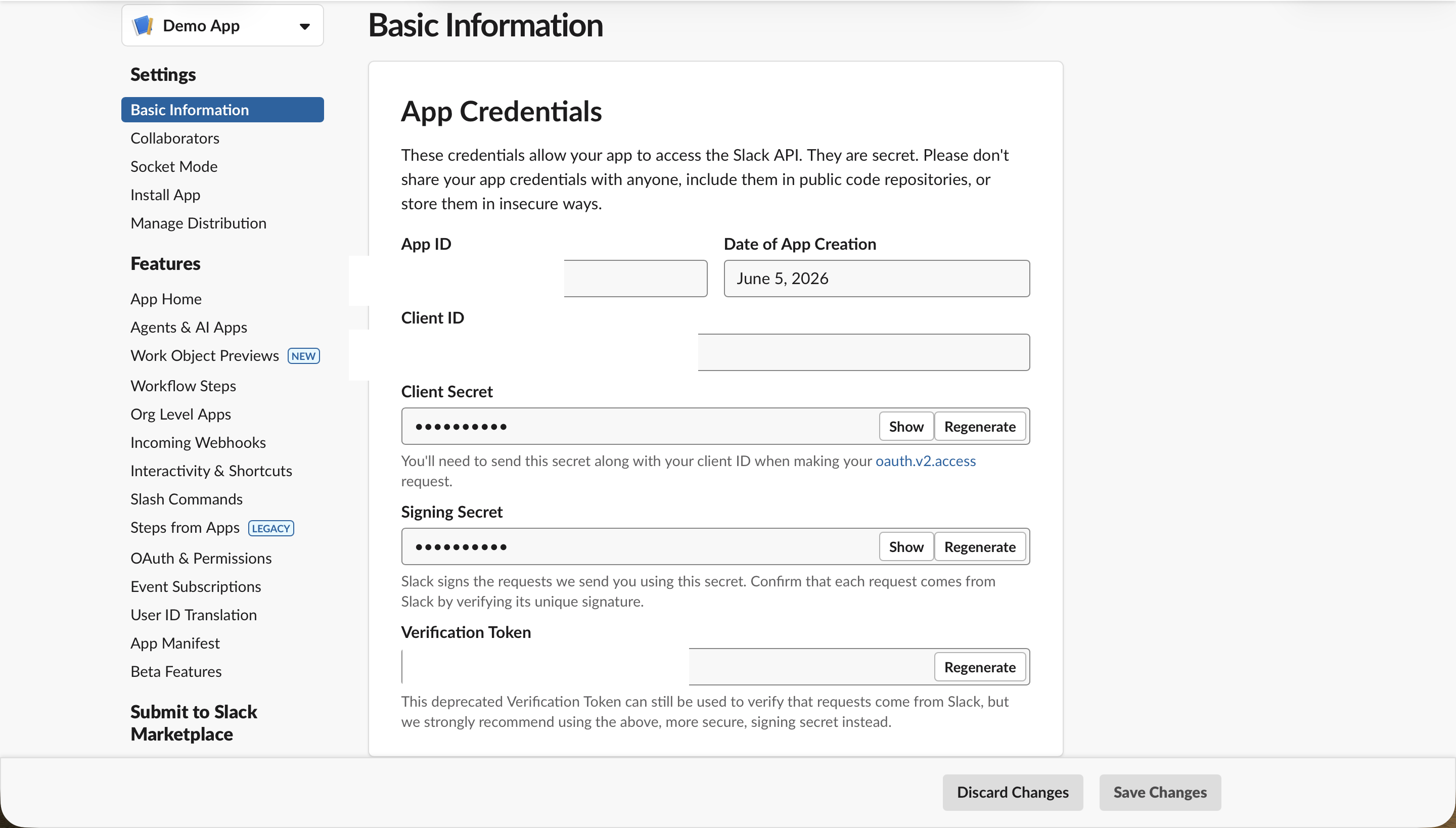 The Slack app Basic Information page showing App Credentials, with the settings sidebar on the left