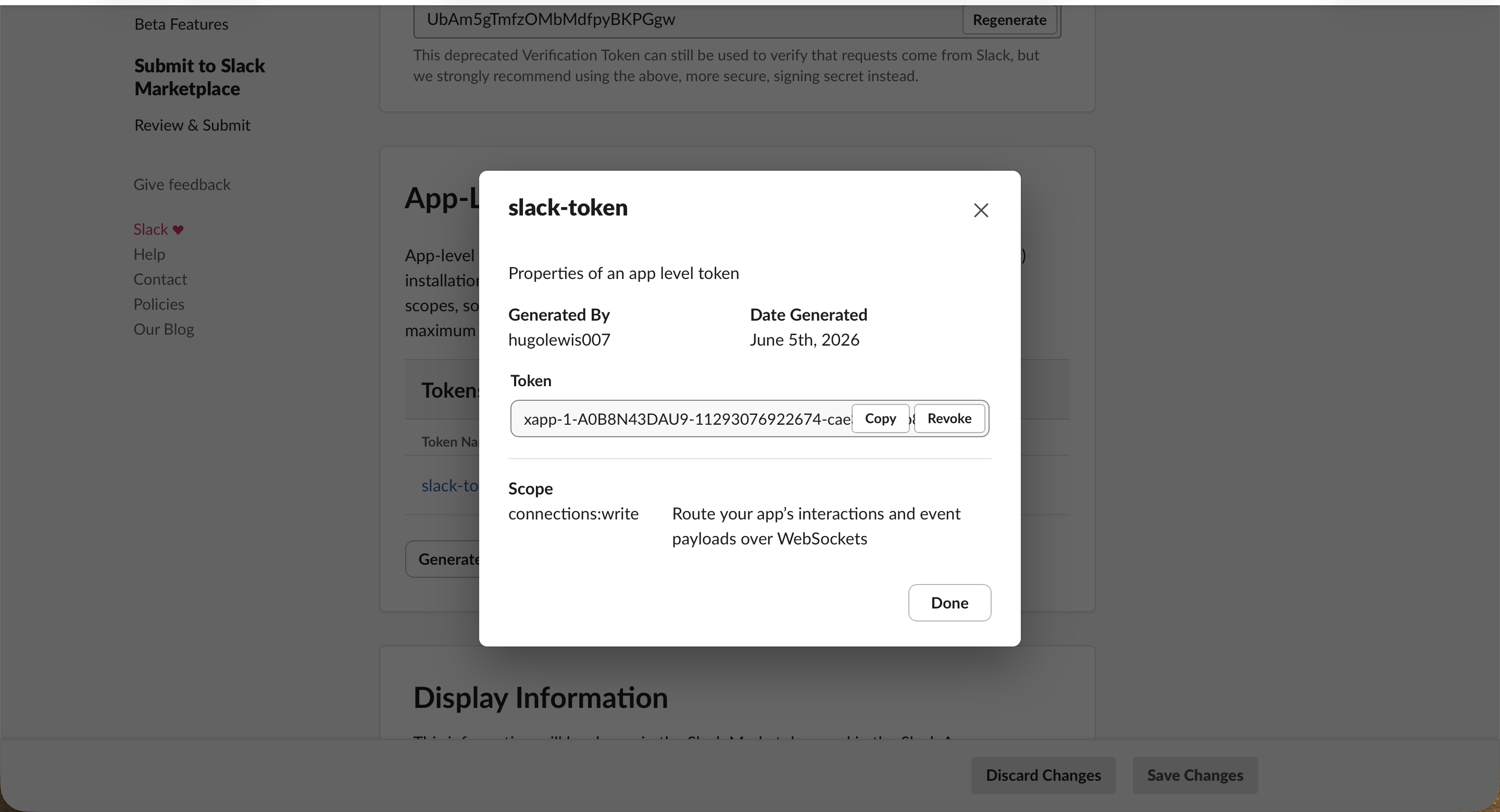 The generated app-level token starting with xapp- shown in Slack
