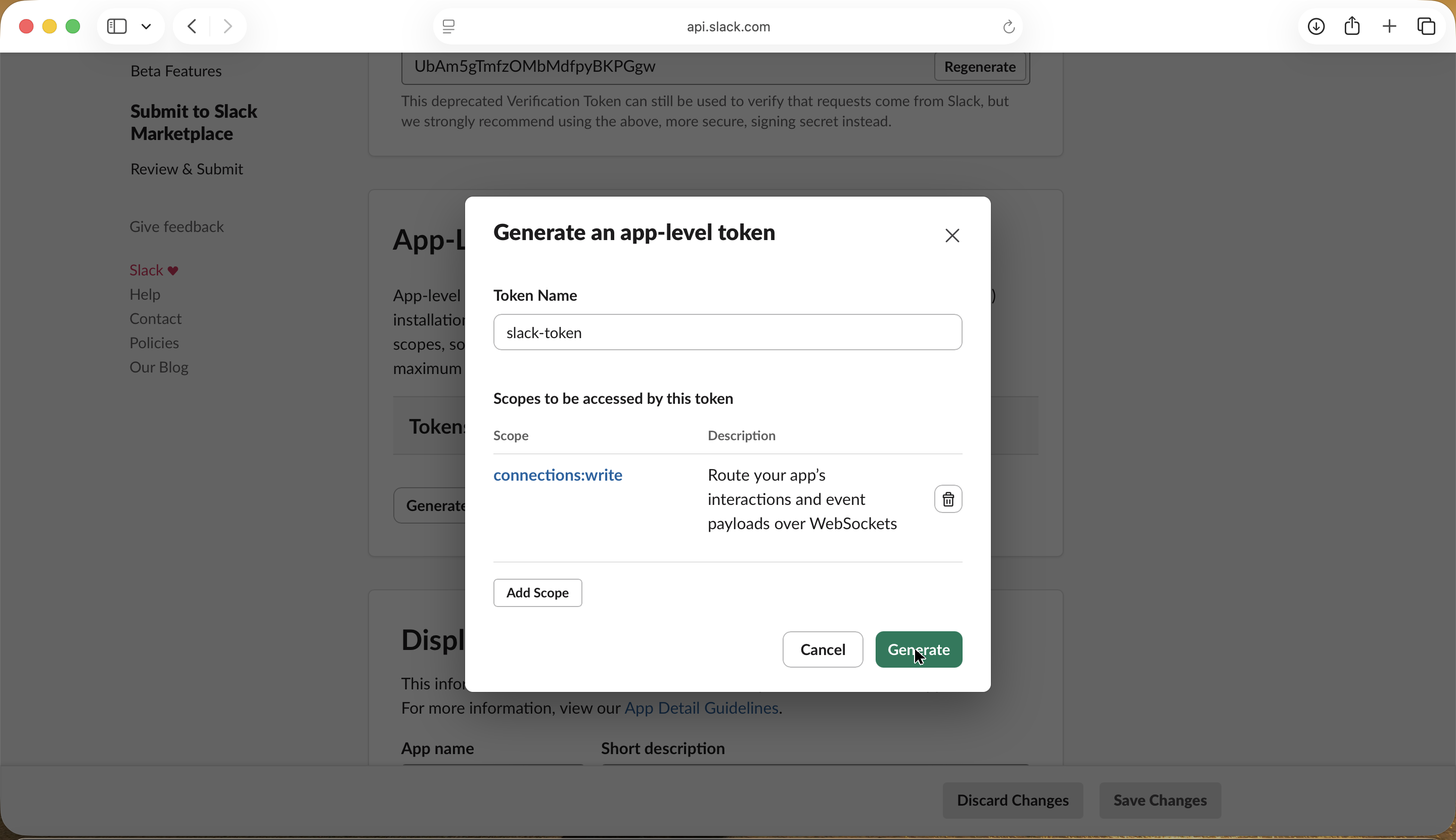 Slack Generate an app-level token dialog with the connections:write scope added