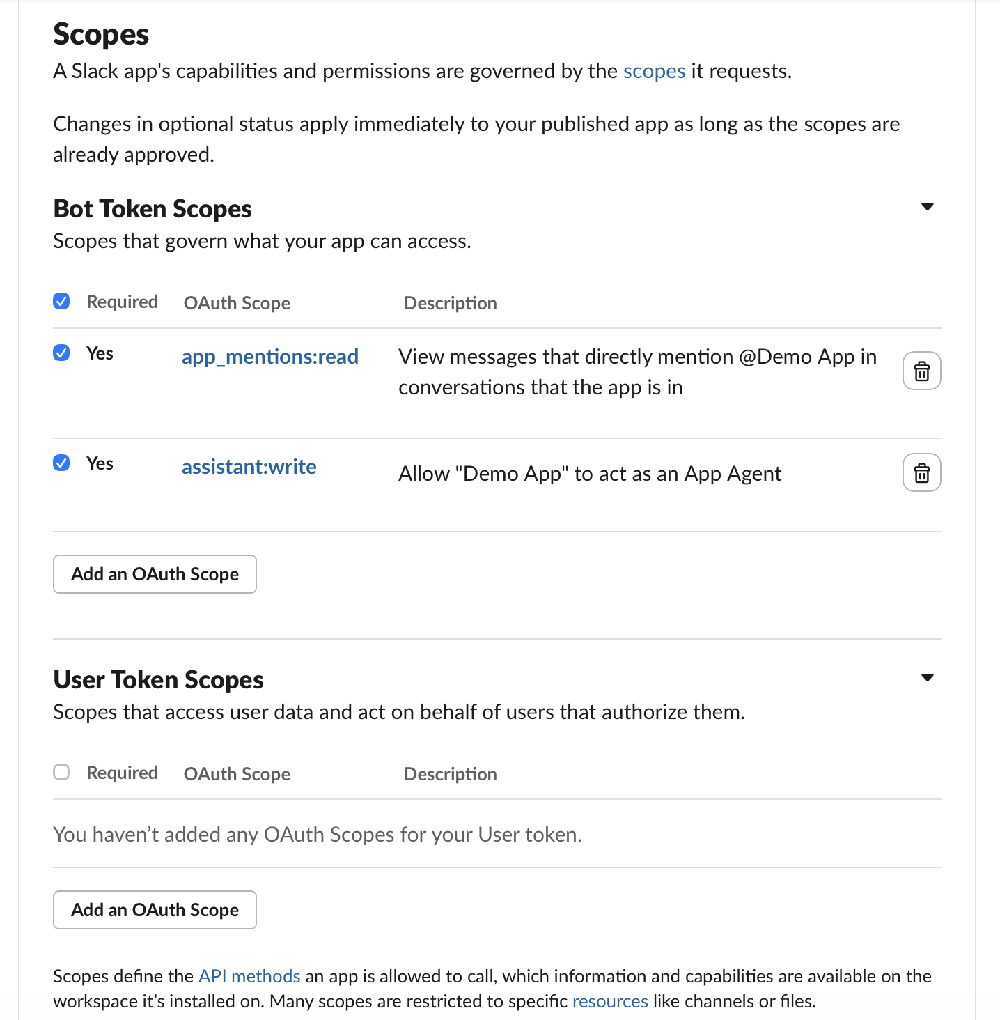 Slack Bot Token Scopes list showing the scopes the app requests