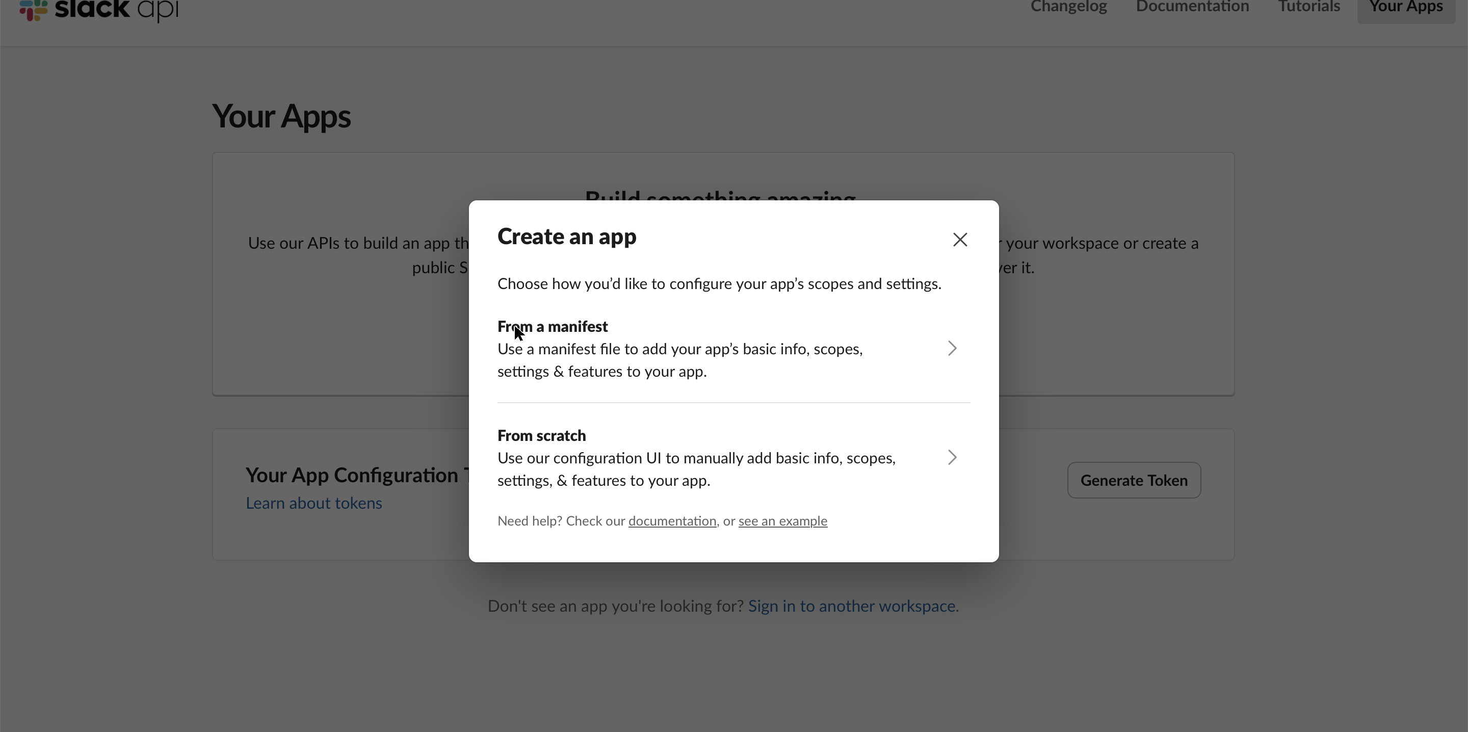 Slack's Create an app dialog offering From a manifest or From scratch