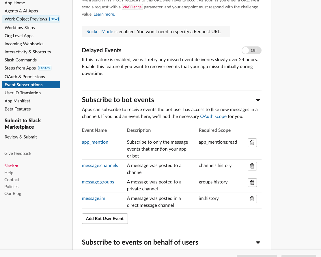 Slack Event Subscriptions page with Socket Mode enabled and the bot events app_mention, message.channels, message.groups, message.im subscribed