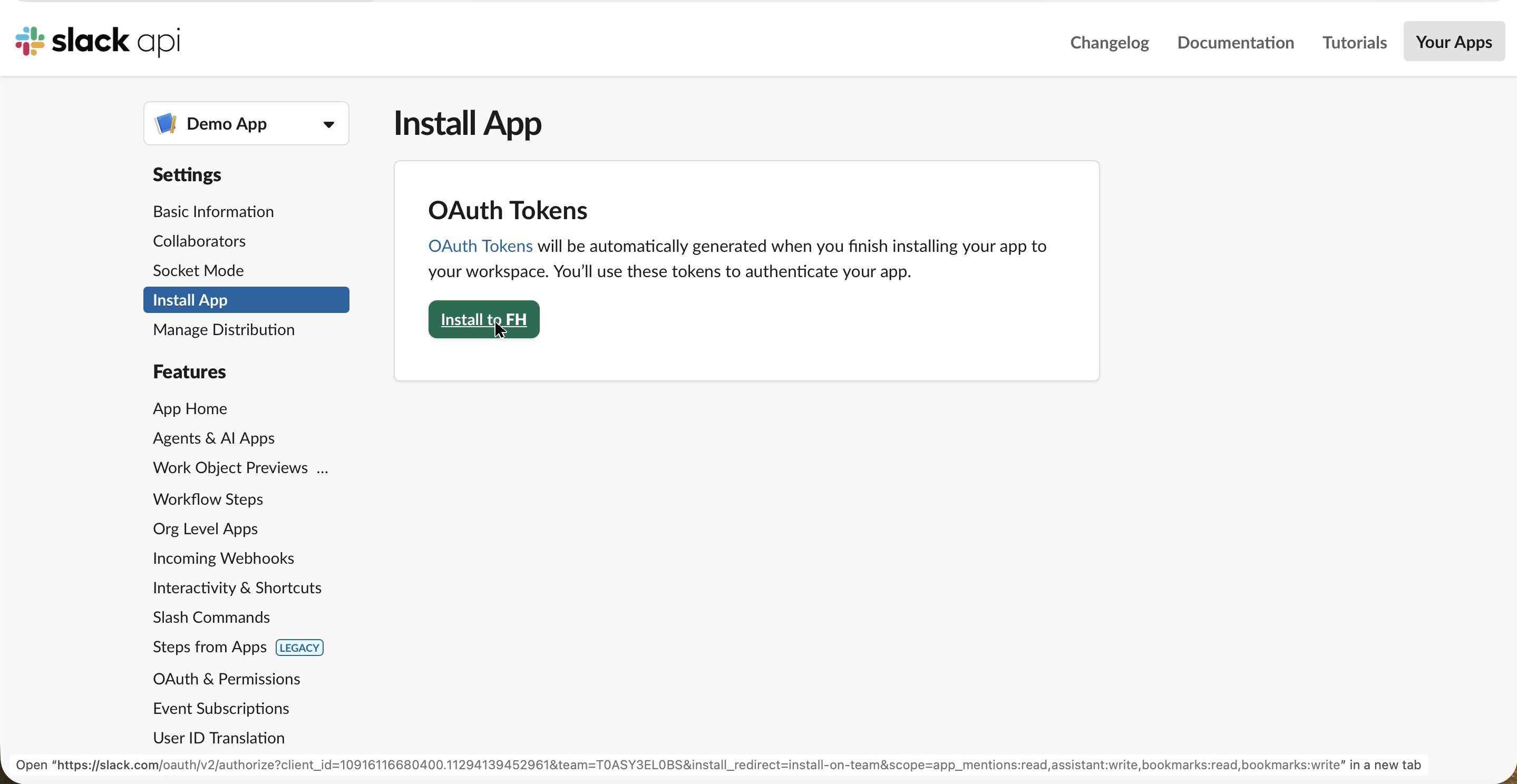 Slack Install App page with the Install to Workspace button now enabled