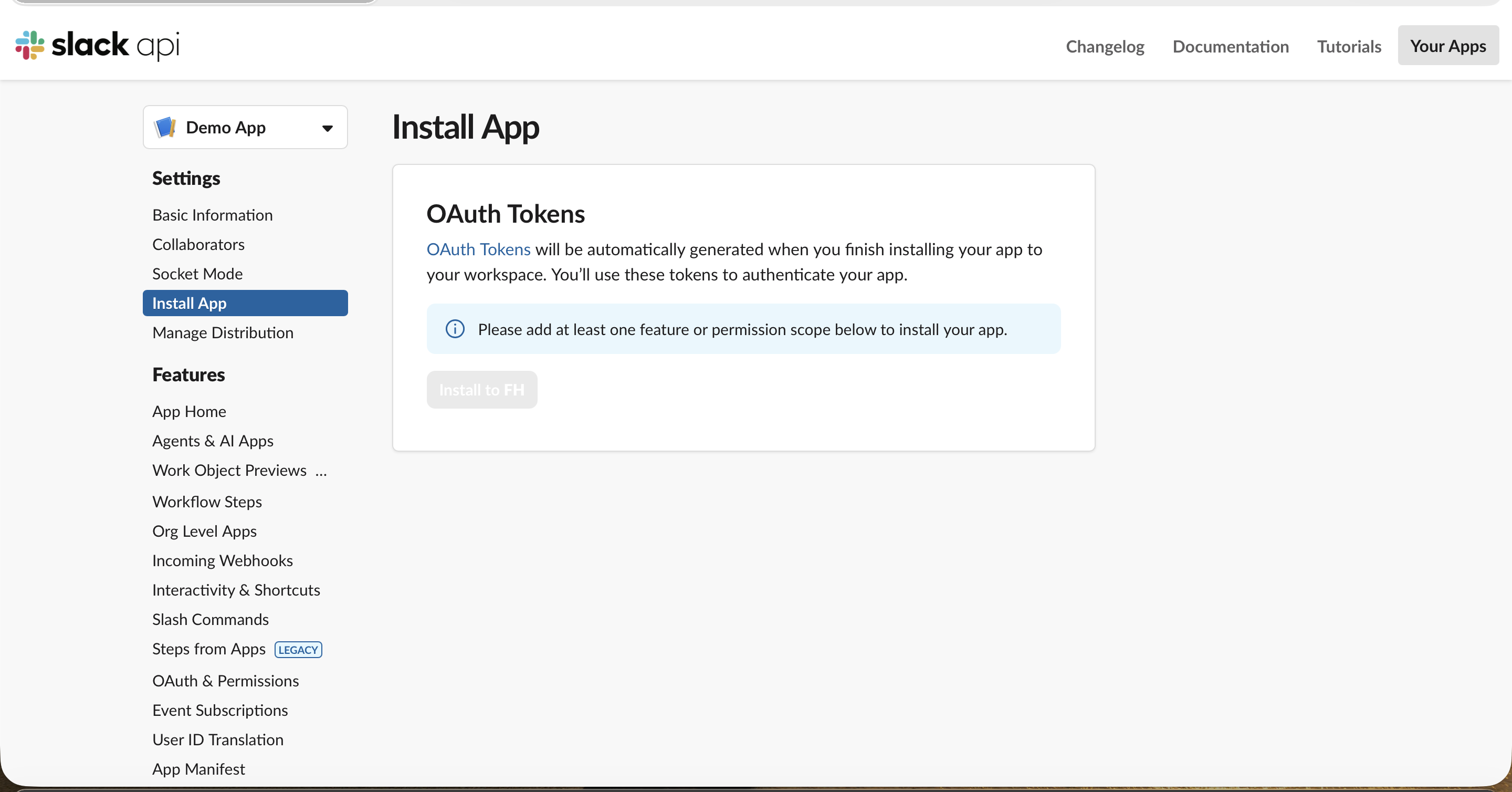 Slack Install App page before scopes are added, with the install button disabled