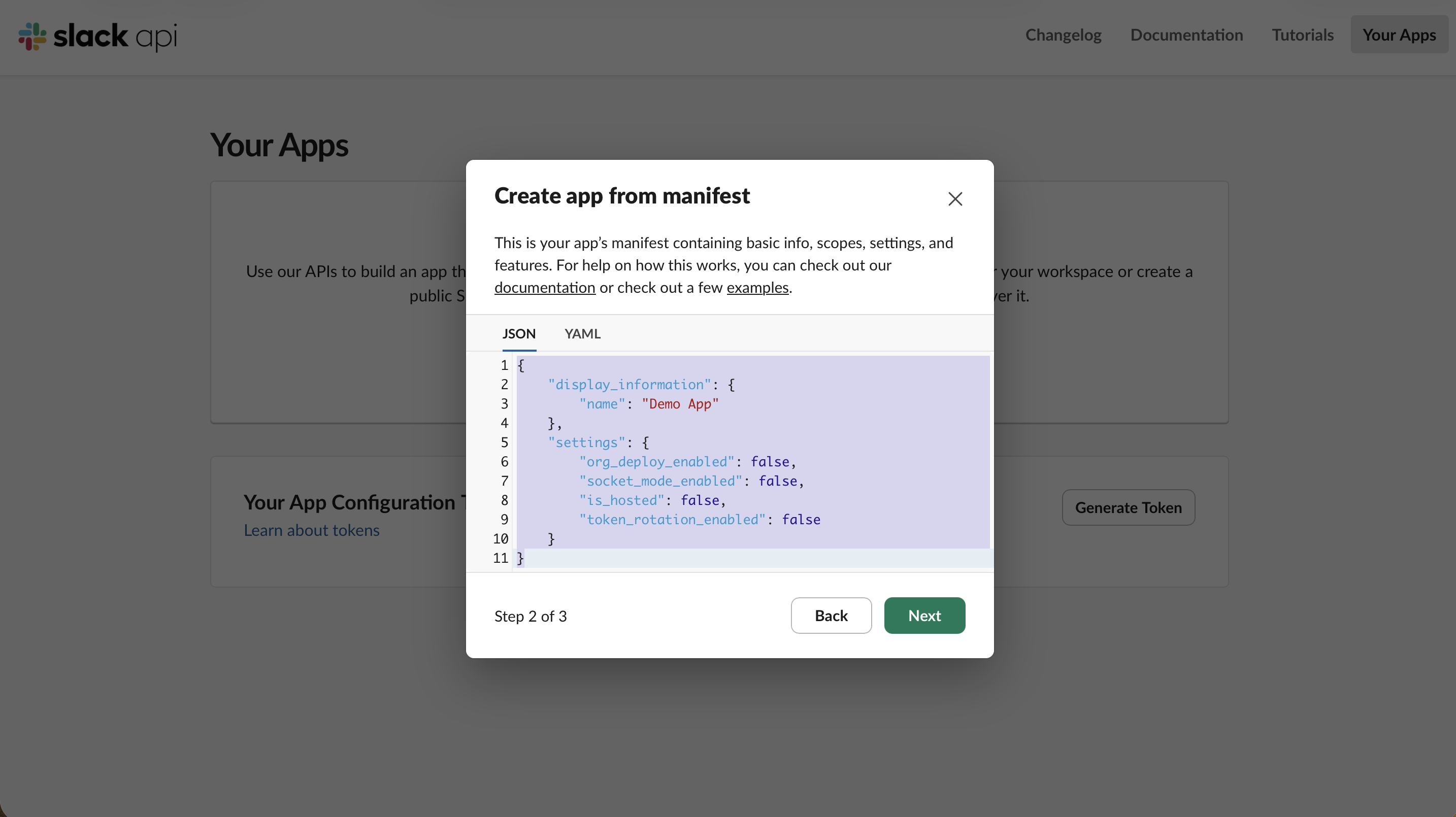 Slack Create app from a manifest screen with the OpenClaw manifest JSON pasted in