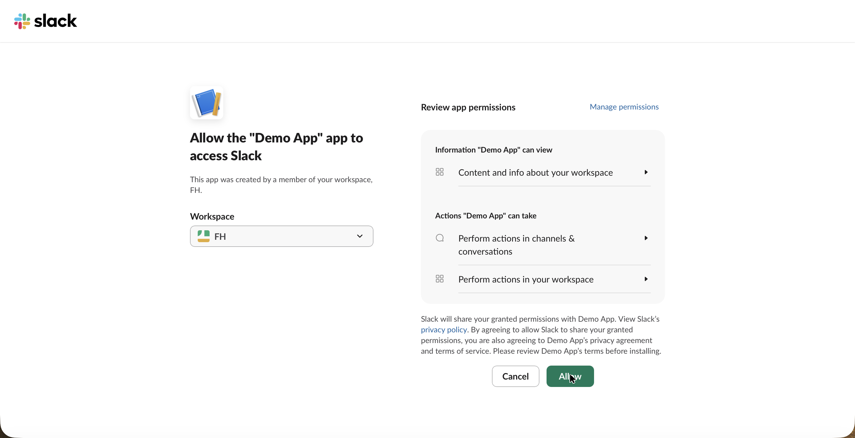 Slack permission screen asking you to allow the app to access the workspace