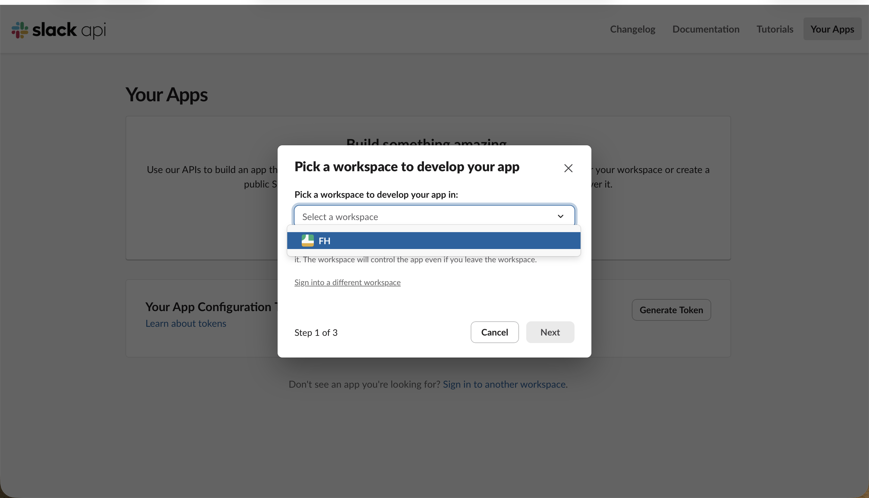 Slack asking which workspace to develop the app in