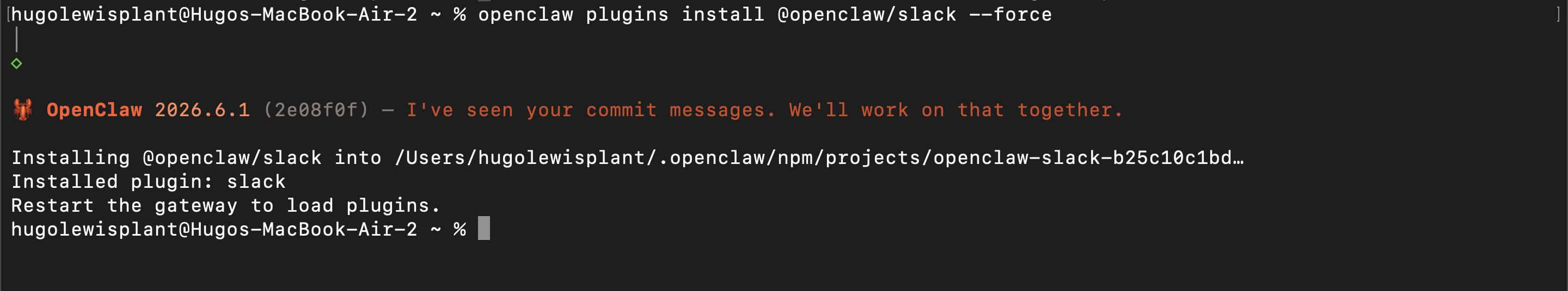 Terminal output of openclaw plugins install at-openclaw slash slack