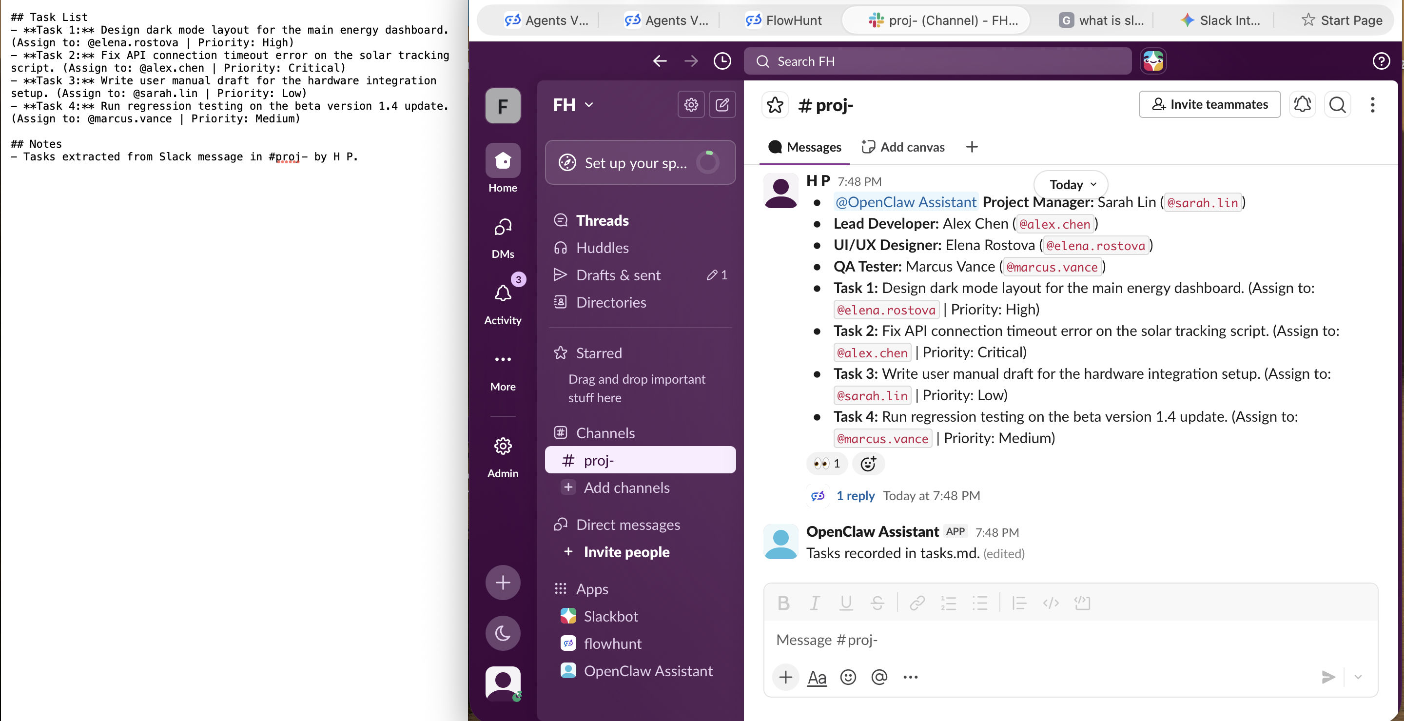 The self-hosted OpenClaw assistant replying in a Slack channel and the tasks.md file it generated from the message
