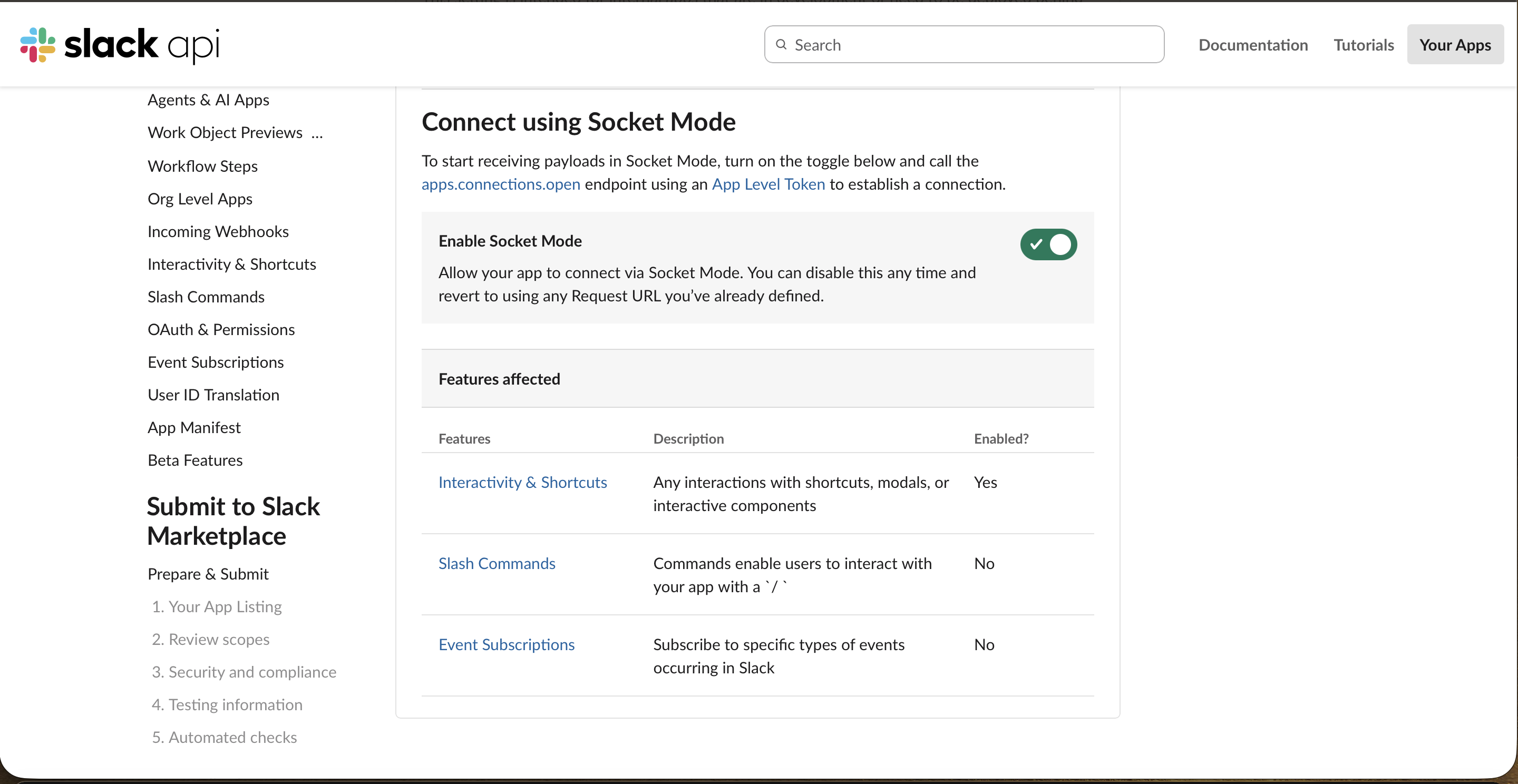 The Slack Socket Mode page with the Enable Socket Mode toggle switched on