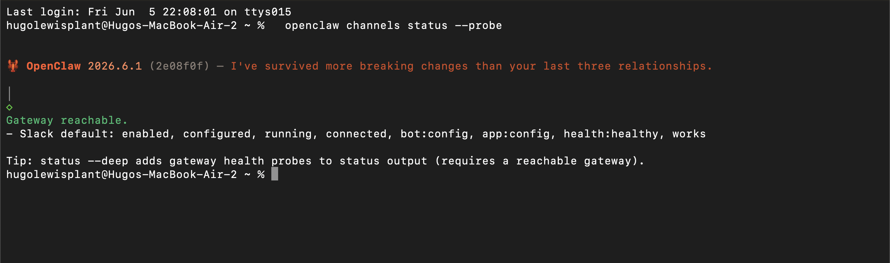 Terminal showing openclaw channels status --probe with Slack connected and health healthy