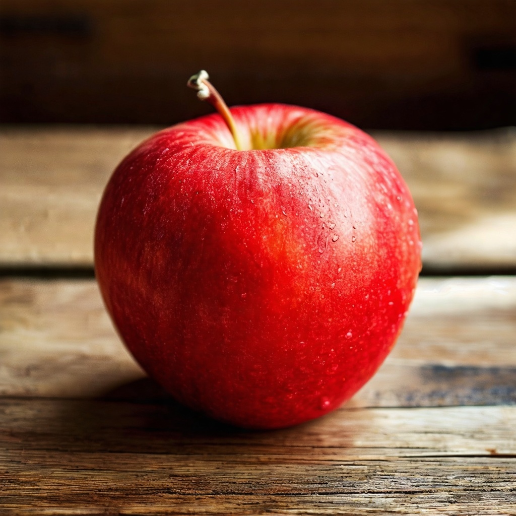 A red apple on a wooden table - SD3 Large output