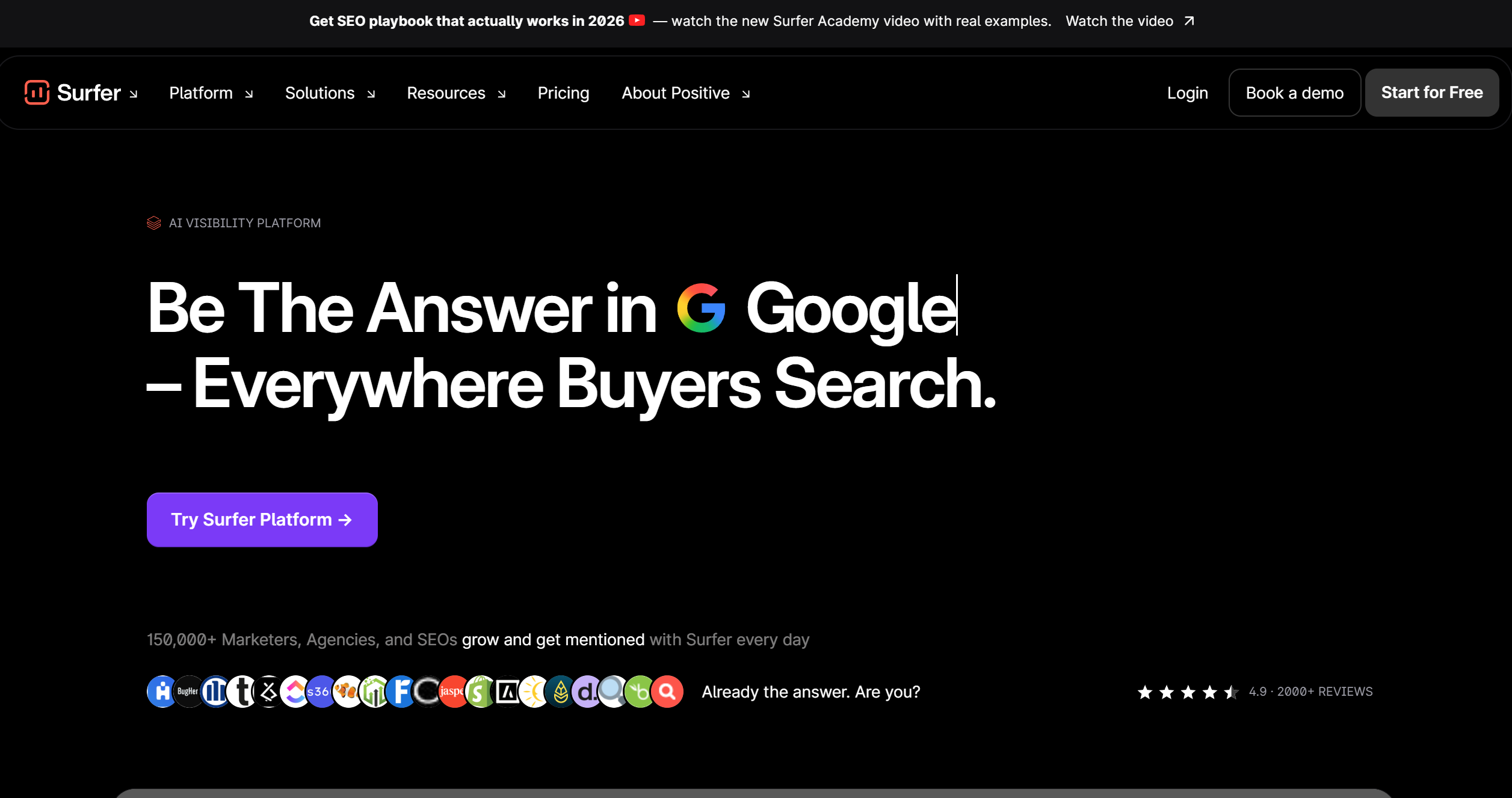 Surfer SEO homepage