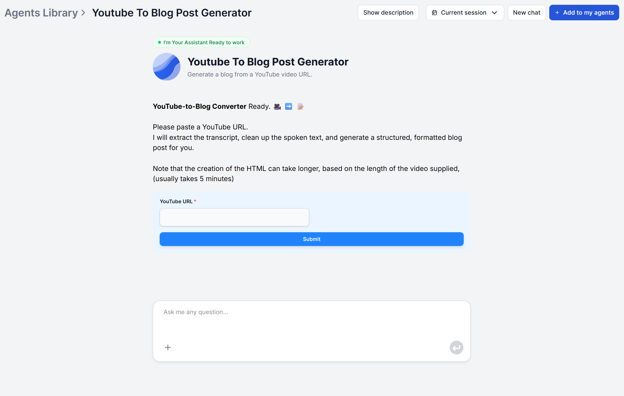 FlowHunt dashboard with YouTube to Blog Post Generator tool highlighted