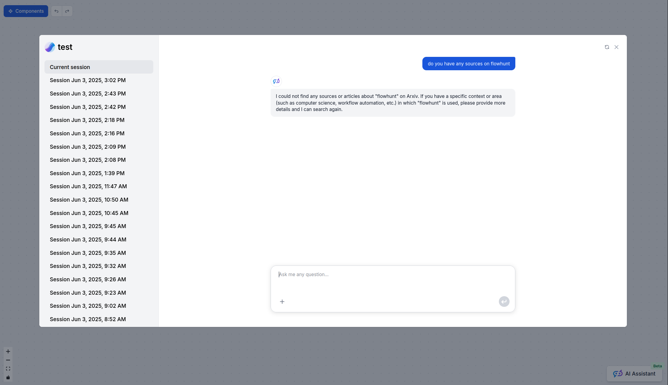 Chatbot answer using ArXiv Tool component in FlowHunt after not finding entry