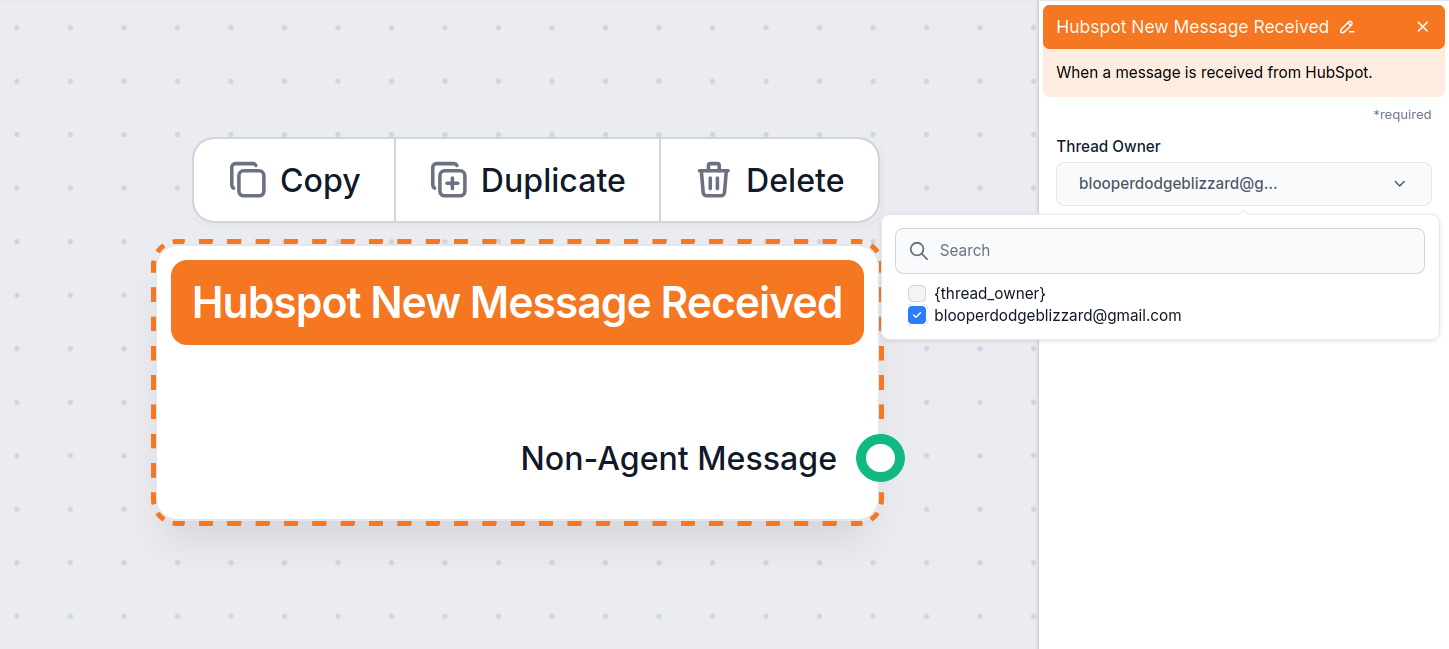 Setting Thread Owner in HubSpot Message Received component