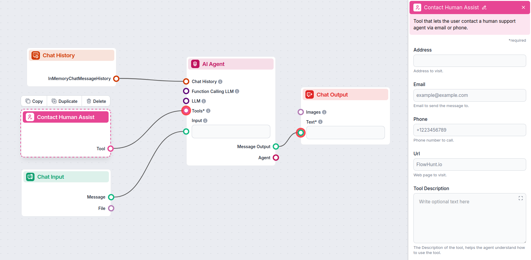 Flow using Contact Human Assist Tool component in FlowHunt