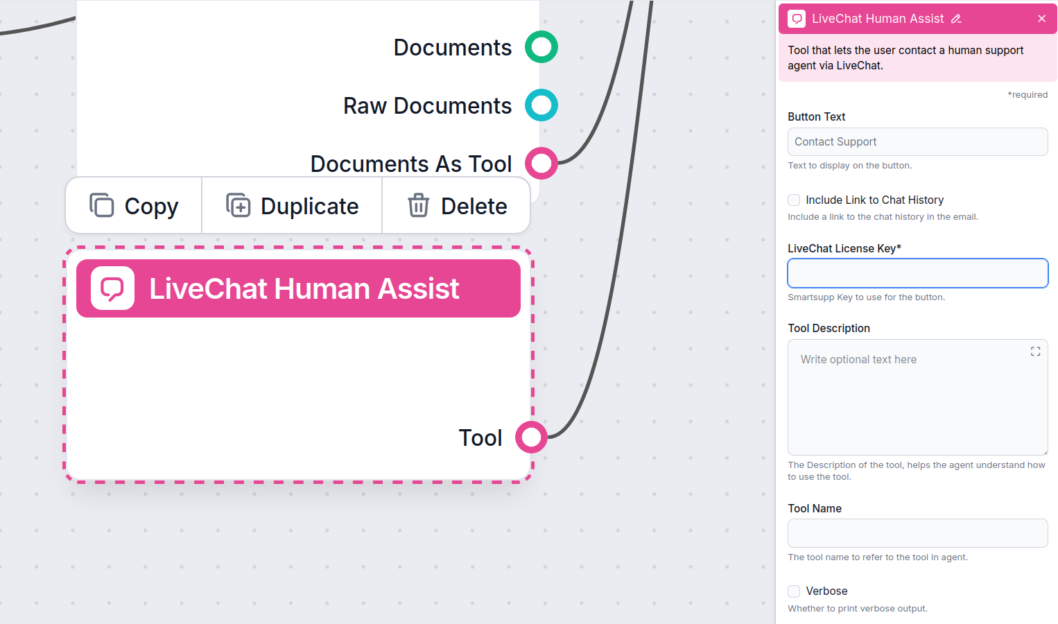Insert the key into the LiveChat Human Assist Tool component
